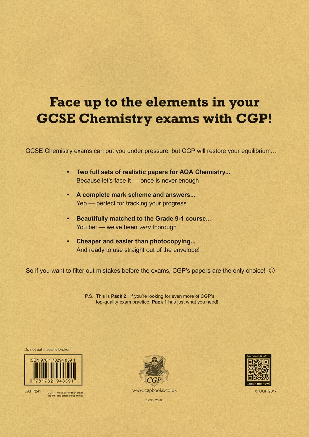 Back cover of CGP AQA GCSE Chemistry Practice Papers Higher Pack 2