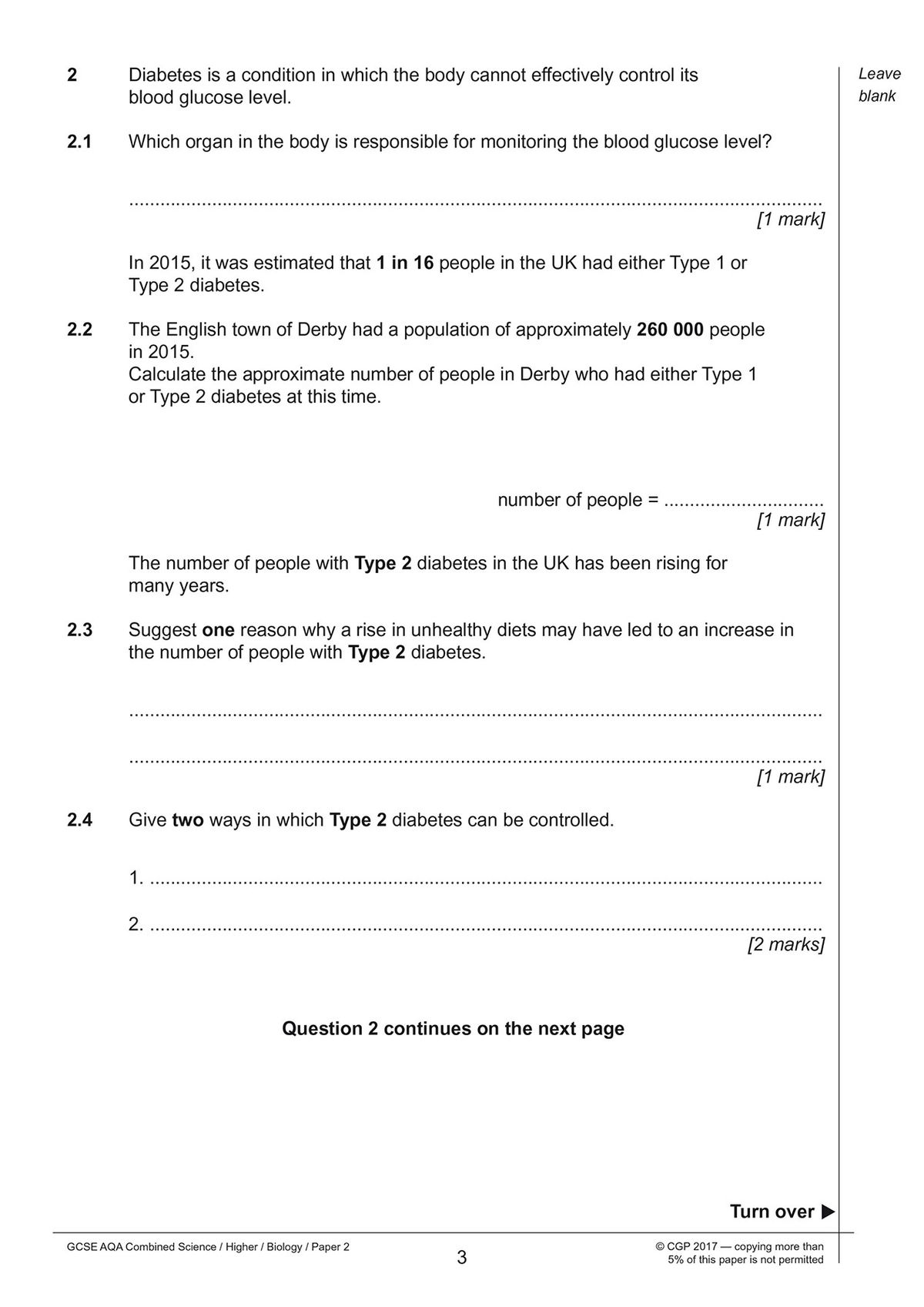 Sample page from the Biology paper showing questions on diabetes and blood glucose control