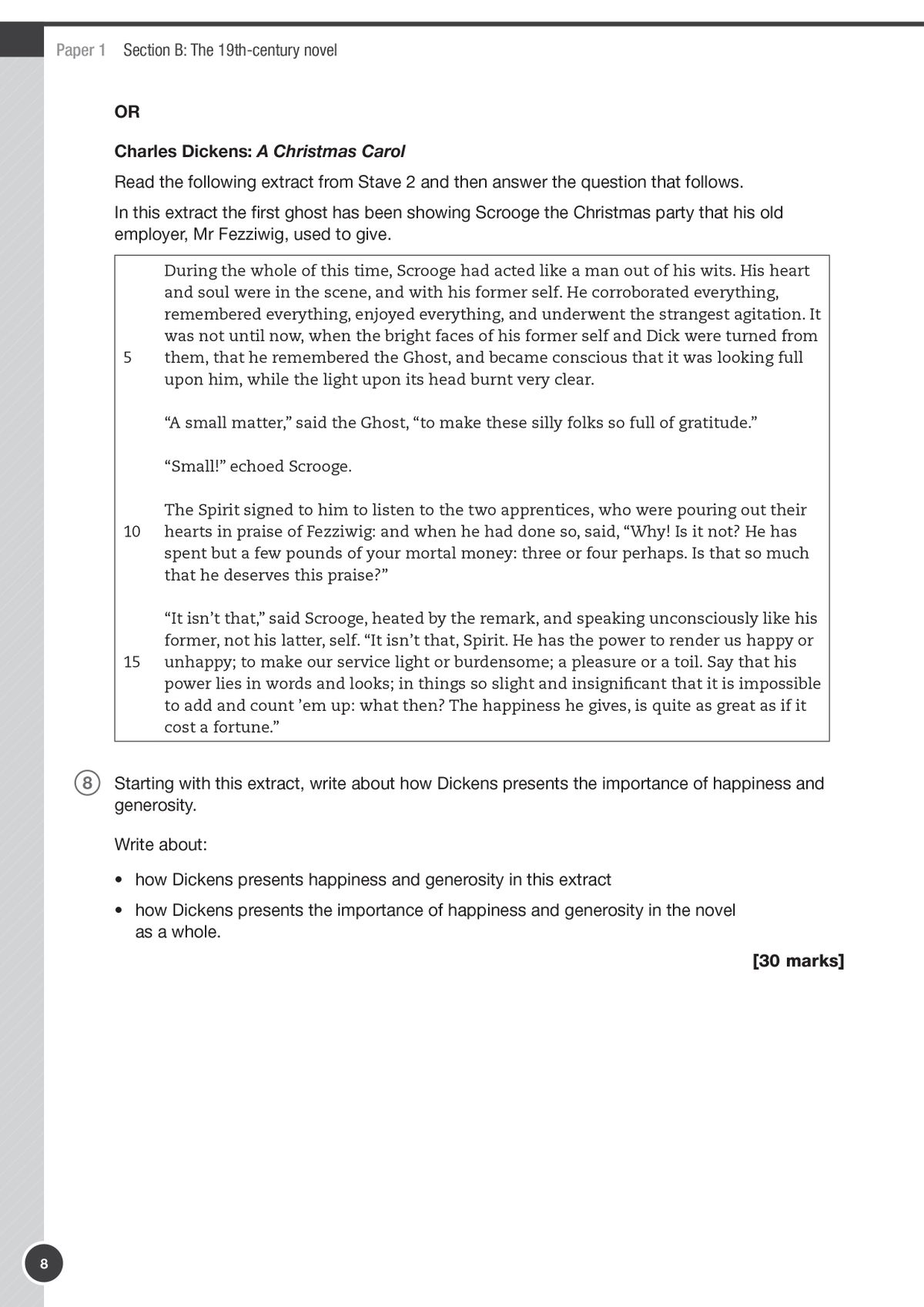 Sample exam question on Charles Dickens' A Christmas Carol with structured writing prompts