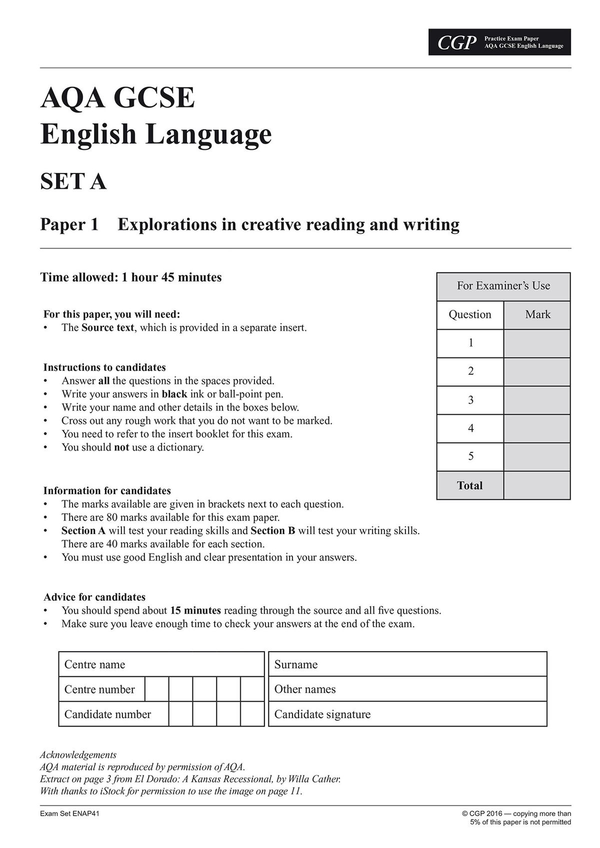 AQA GCSE English Language Practice Paper Set A Paper 1 cover page showing exam instructions