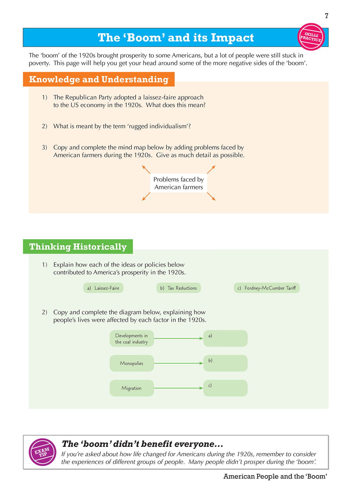 Double-page spread showing the 1920s economic boom with knowledge questions and thinking historically activities