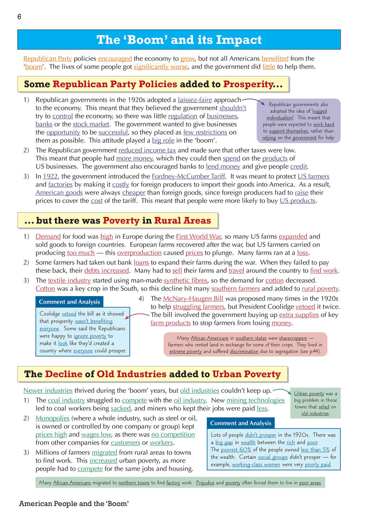 Content pages explaining the economic boom and poverty in rural and urban areas with comment and analysis boxes