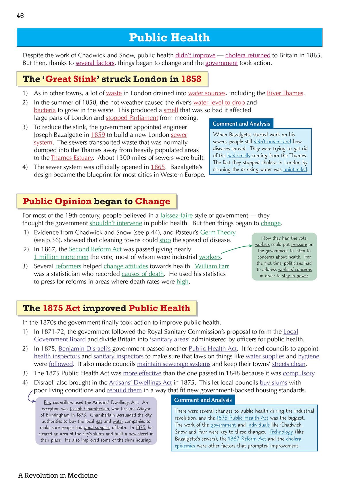 Public health topic pages with colour-coded sections and comment boxes