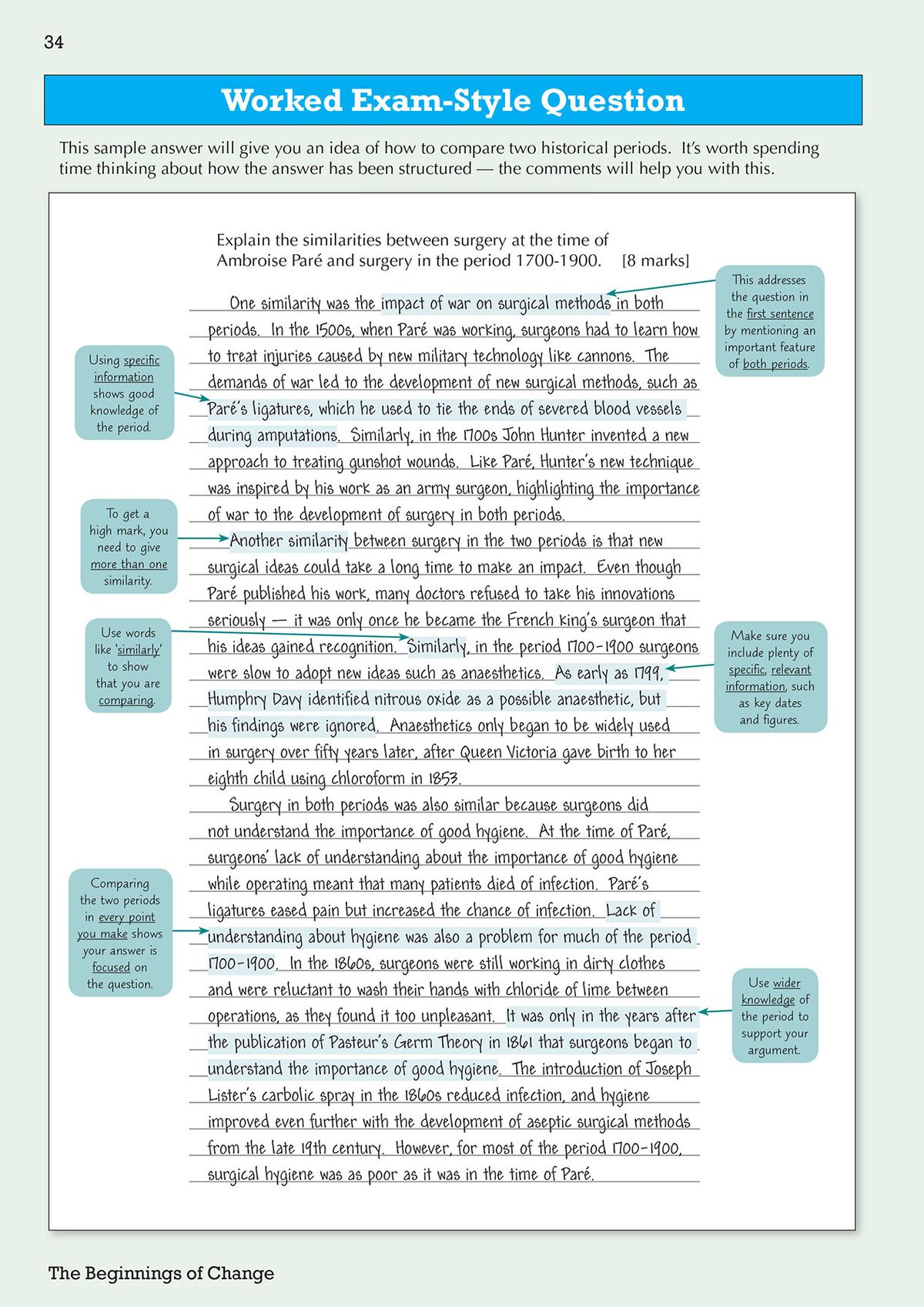 Worked exam-style question page showing annotated sample answer with examiner tips