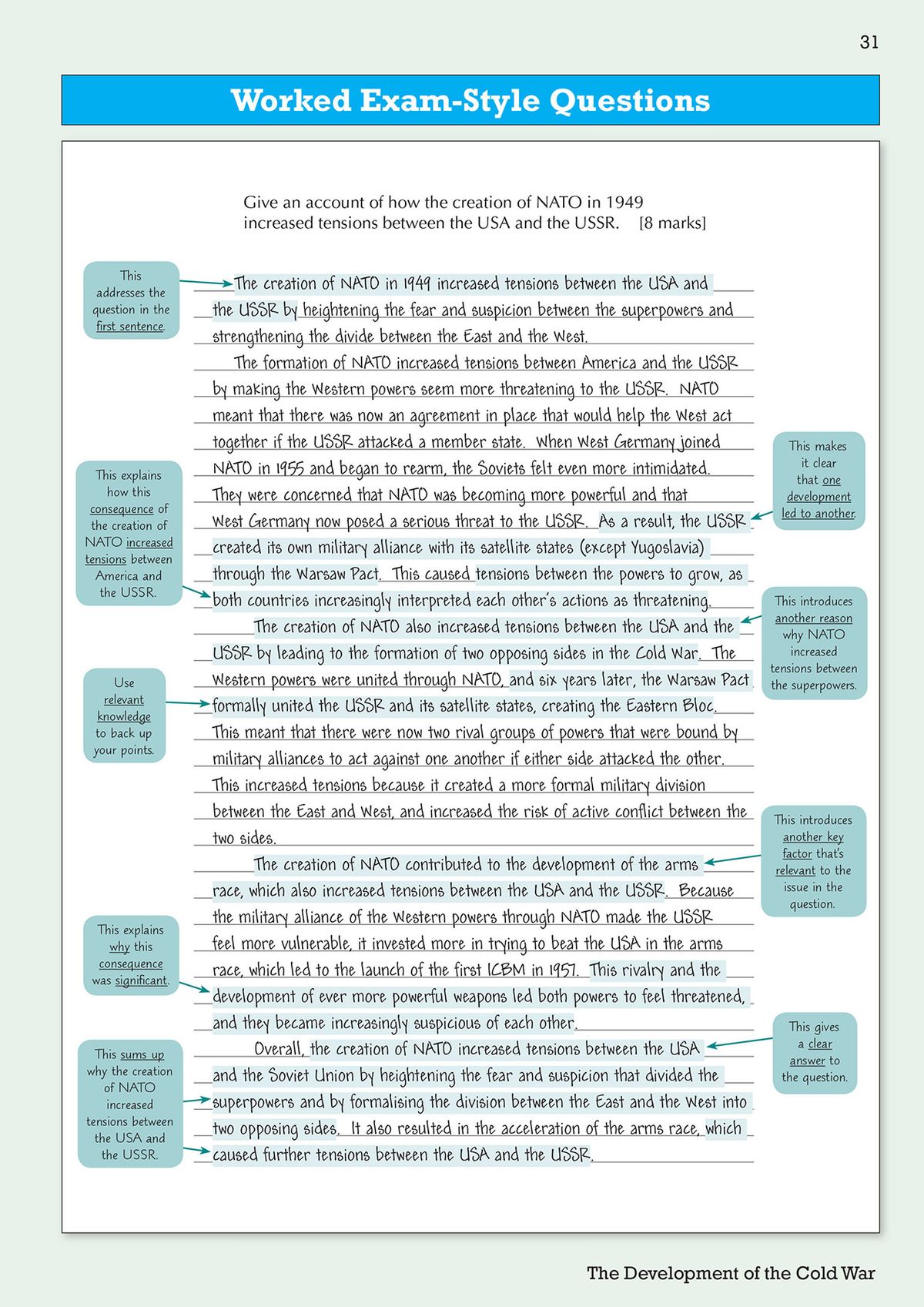 Worked exam-style question on NATO with annotated model answer and examiner tips