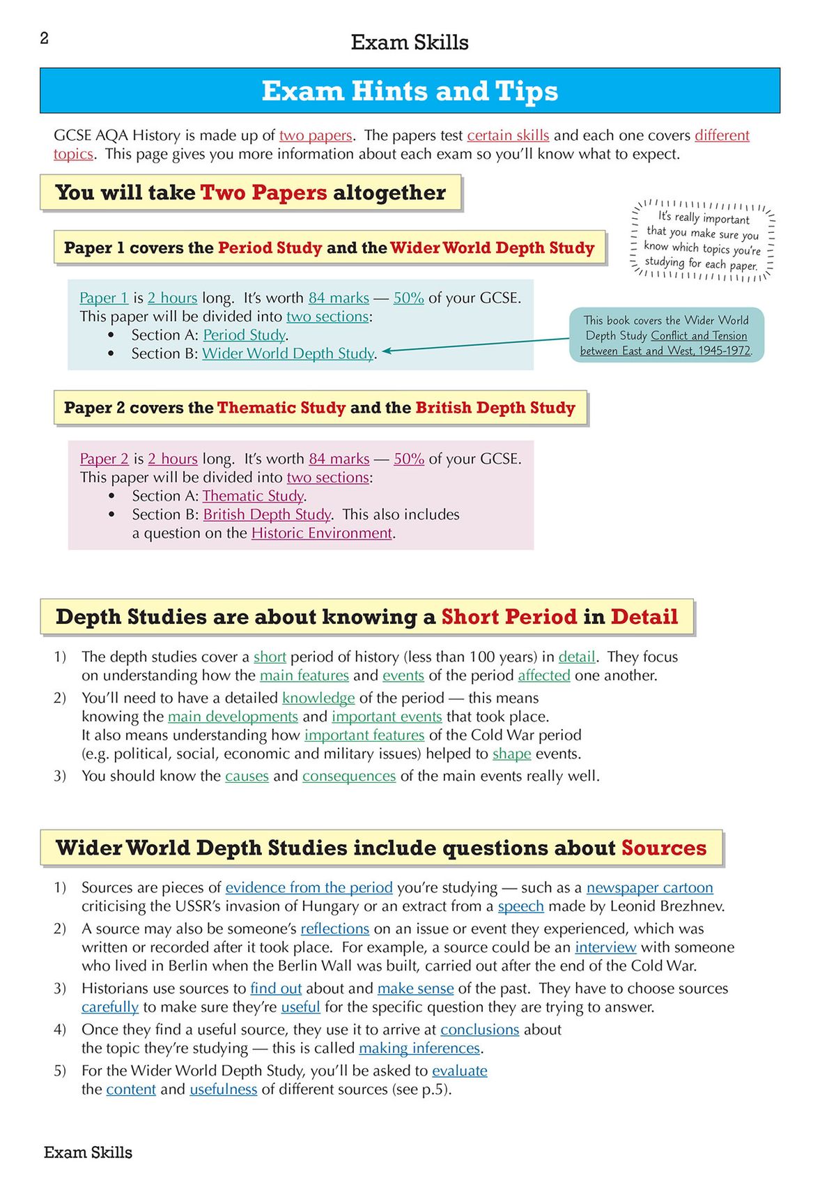 Exam hints and tips page showing AQA History paper structure and depth study guidance