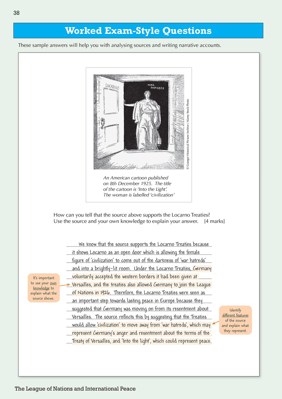Worked exam-style question page showing source analysis and model answer with examiner guidance