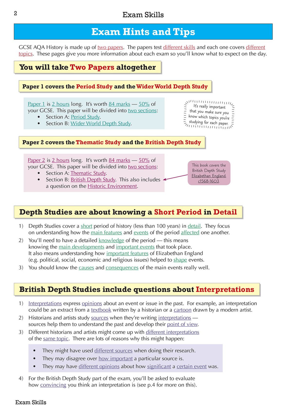 Exam skills pages with hints and tips for AQA GCSE History