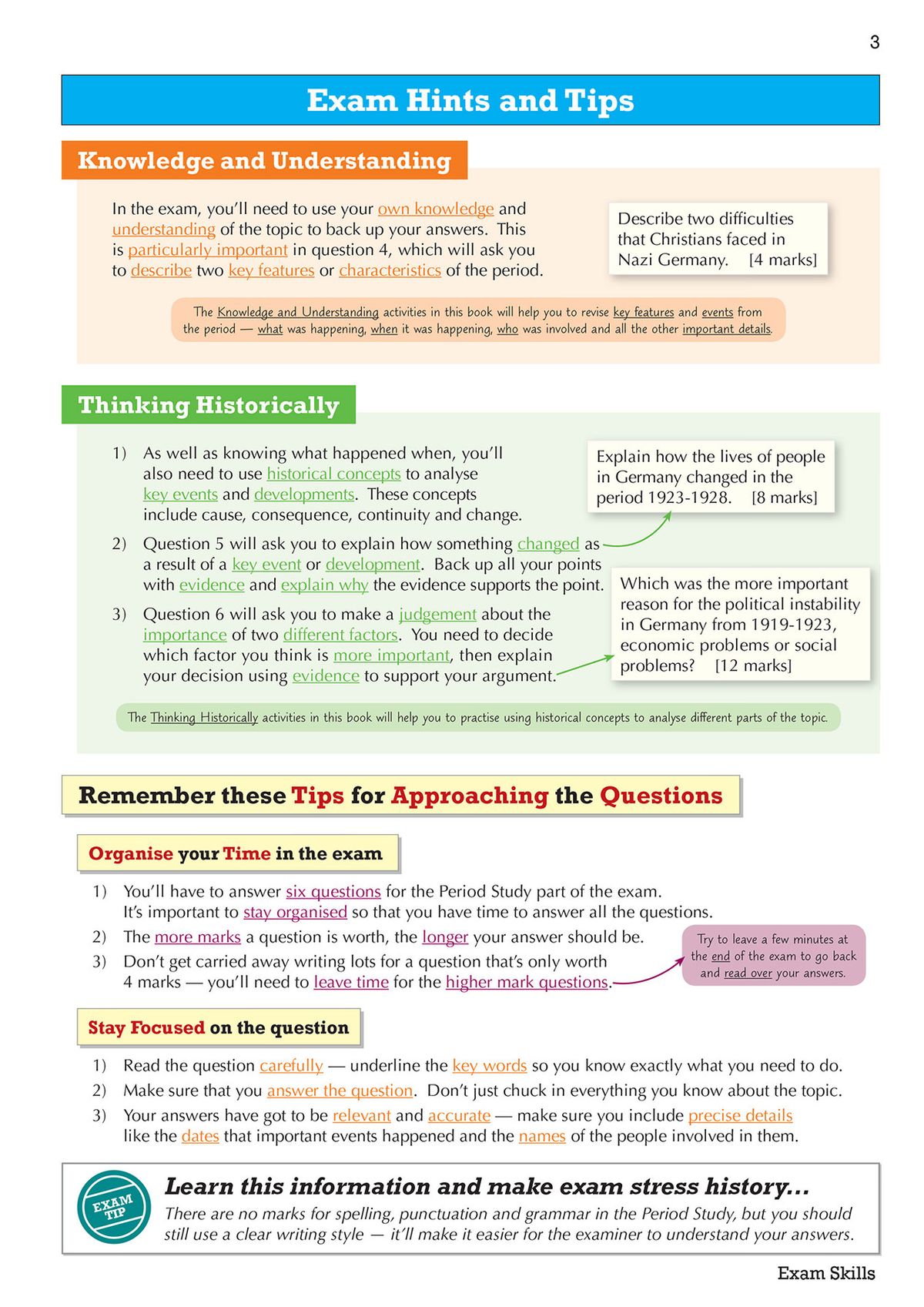 Exam hints and tips page showing knowledge and understanding, thinking historically, and tips for approaching questions