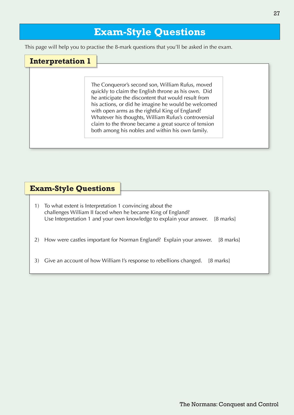 Worked exam-style question page showing how to tackle interpretation questions about the Battle of Hastings
