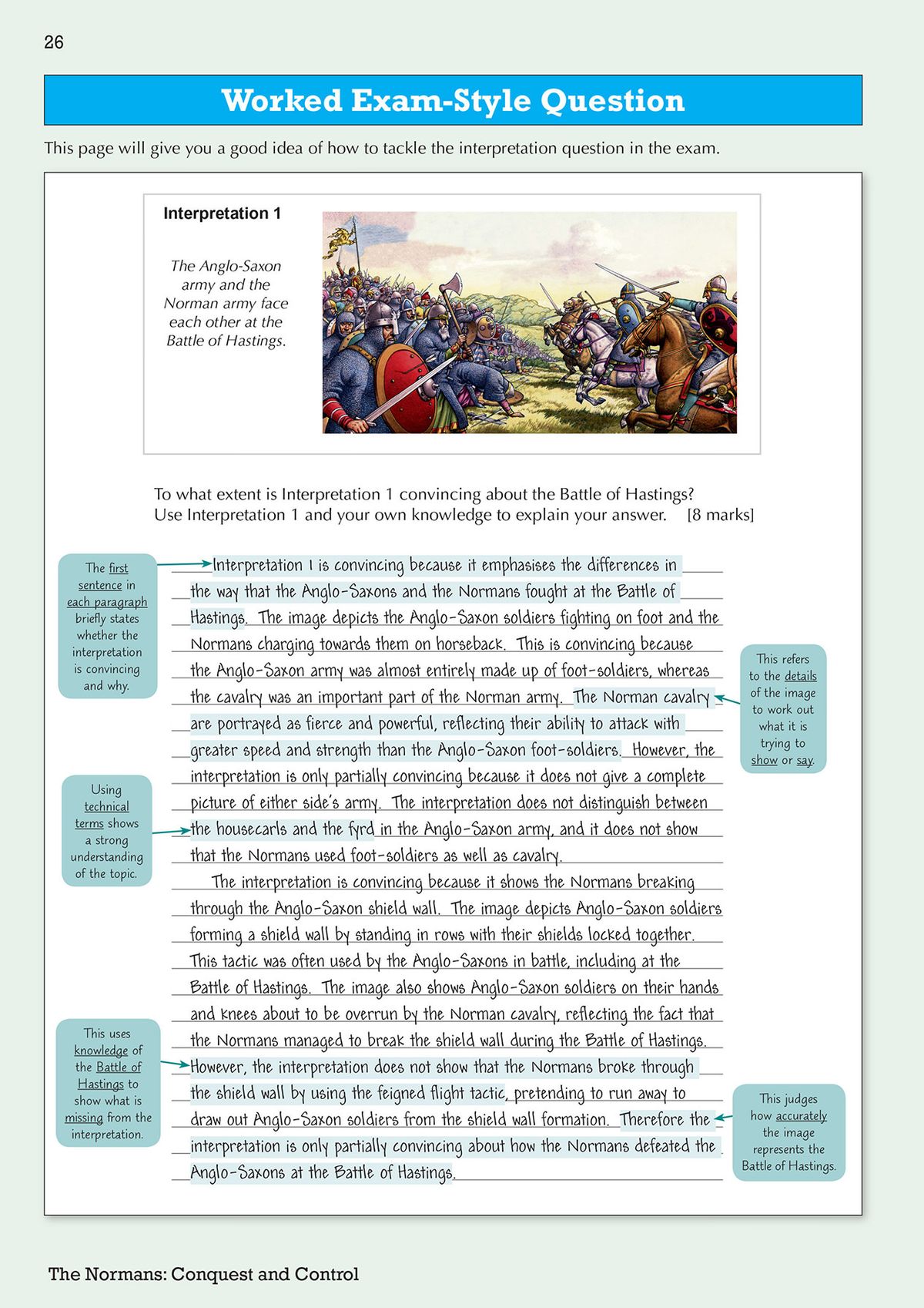 Exam-style questions page with interpretation and 8-mark practice questions on Norman England
