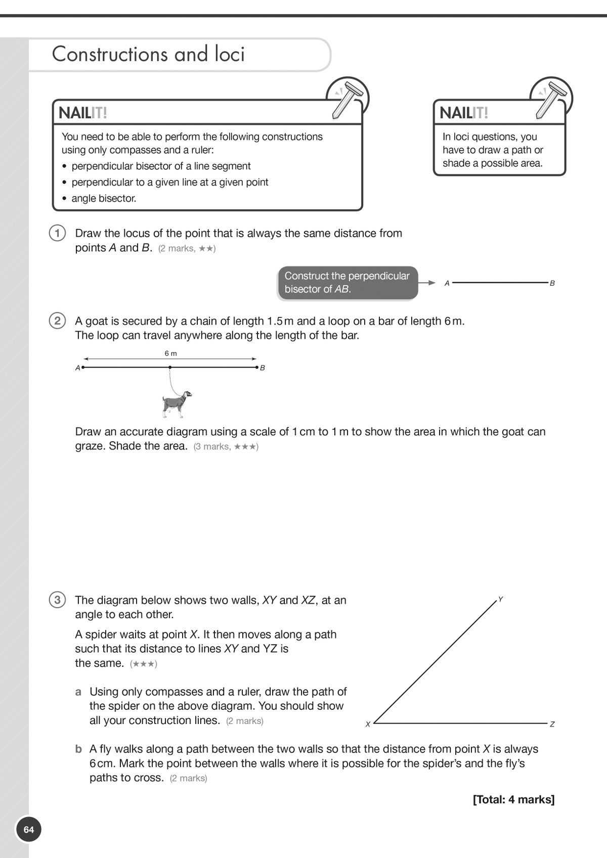 Sample page showing constructions and loci questions with Nail It! examiner tips and worked examples
