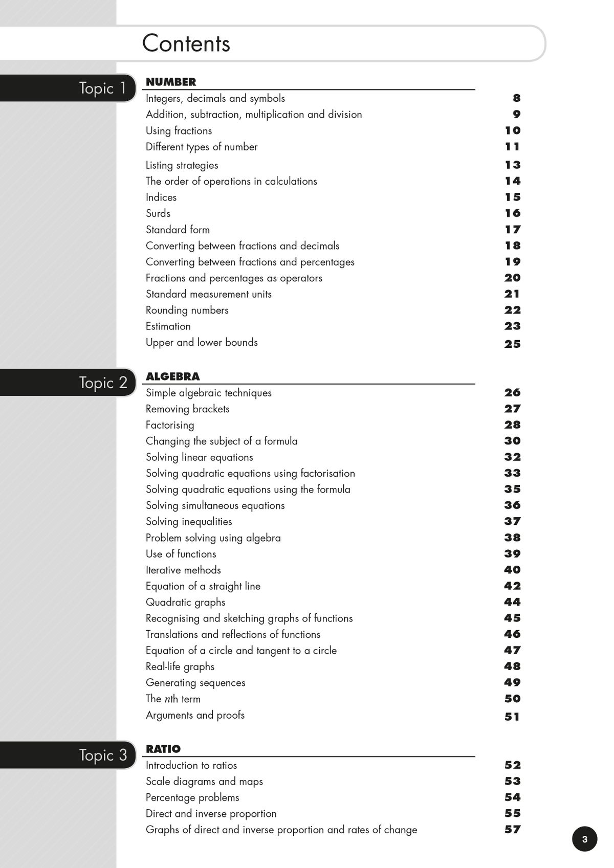 Contents page showing detailed topic breakdown for Number, Algebra, and Ratio chapters