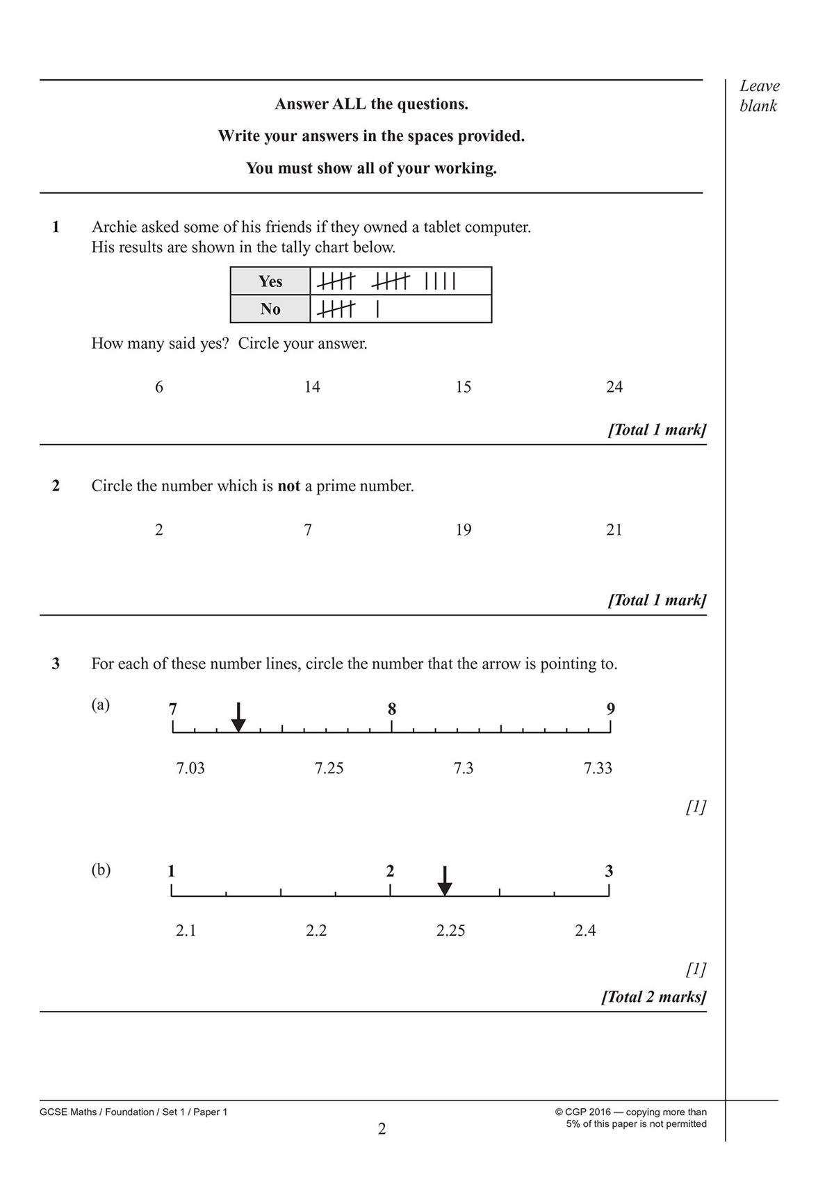 Sample page showing tally chart and number line questions from AQA GCSE Maths Foundation practice paper