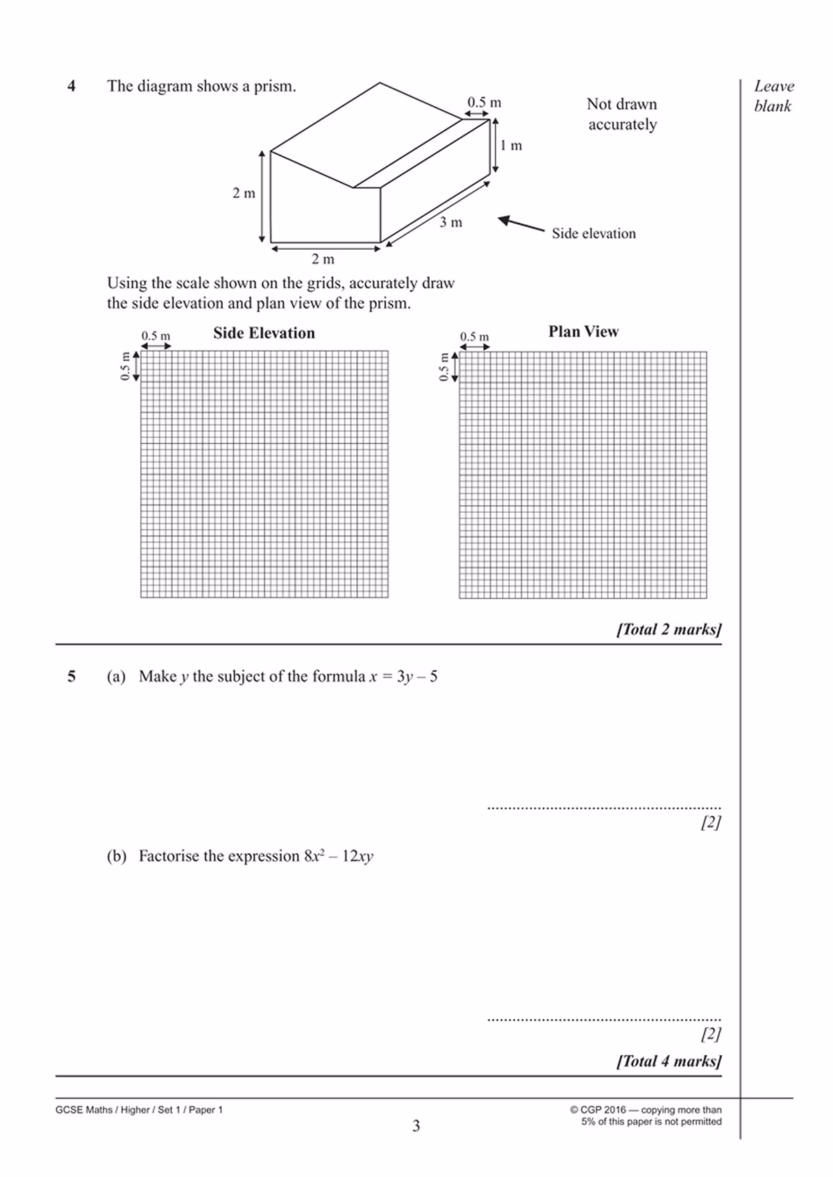 Inside page showing geometry and algebra questions with answer spaces
