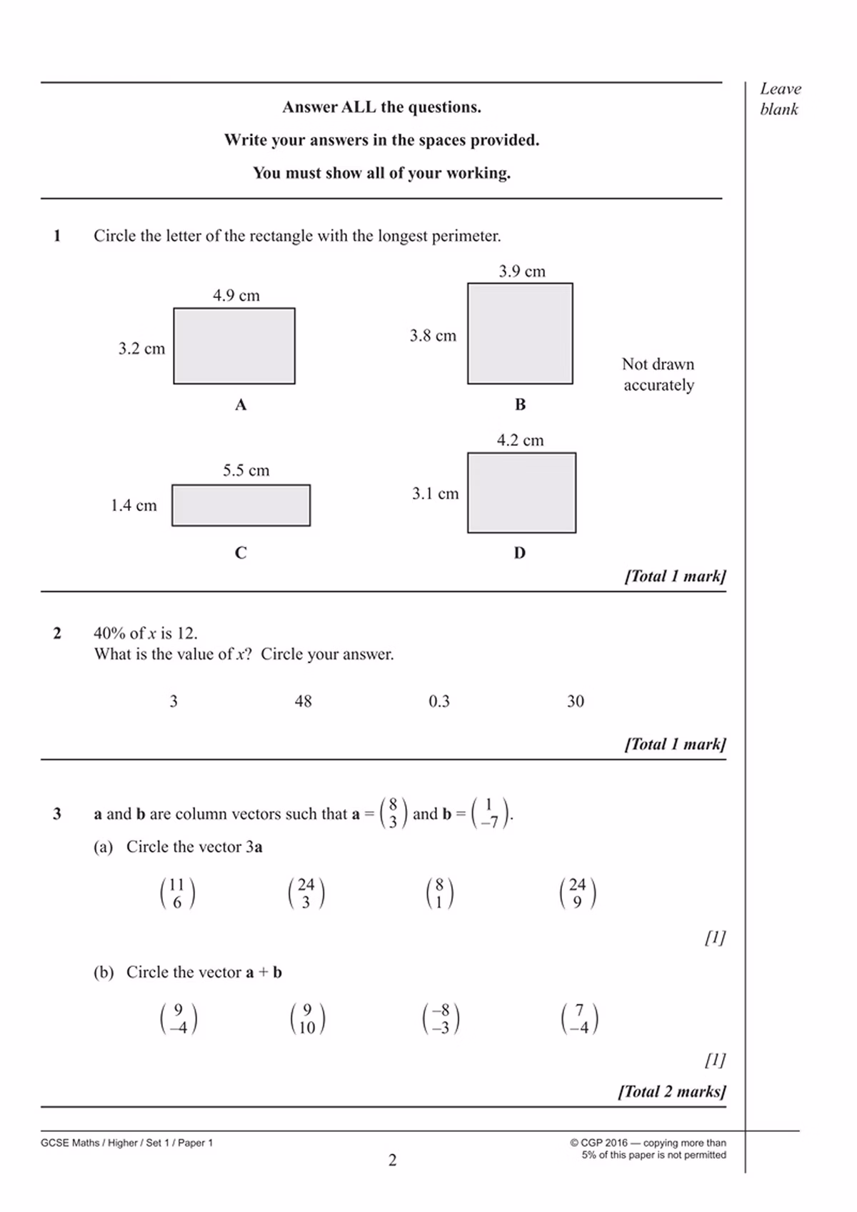Opening page of a practice paper showing multiple-choice and calculation questions