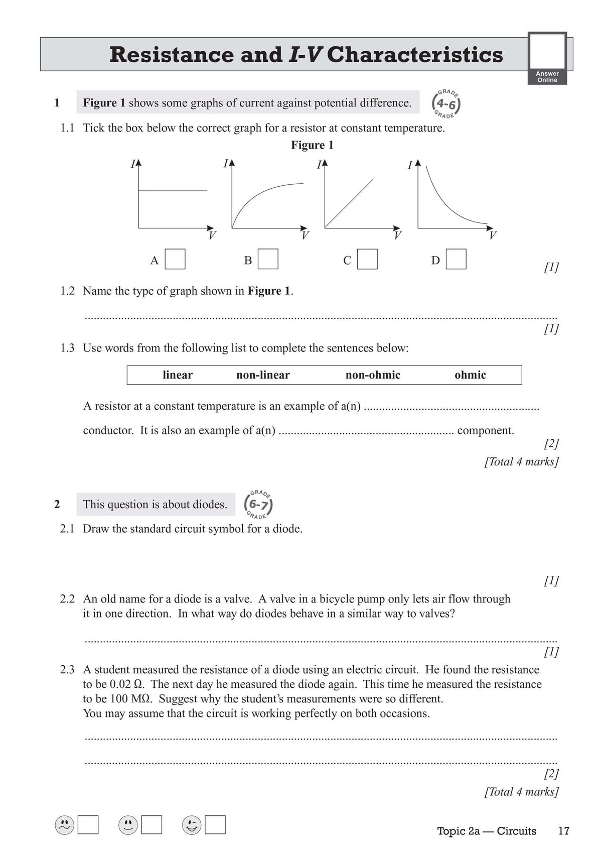 Sample page showing resistance and I-V characteristics questions with graphs and tick boxes