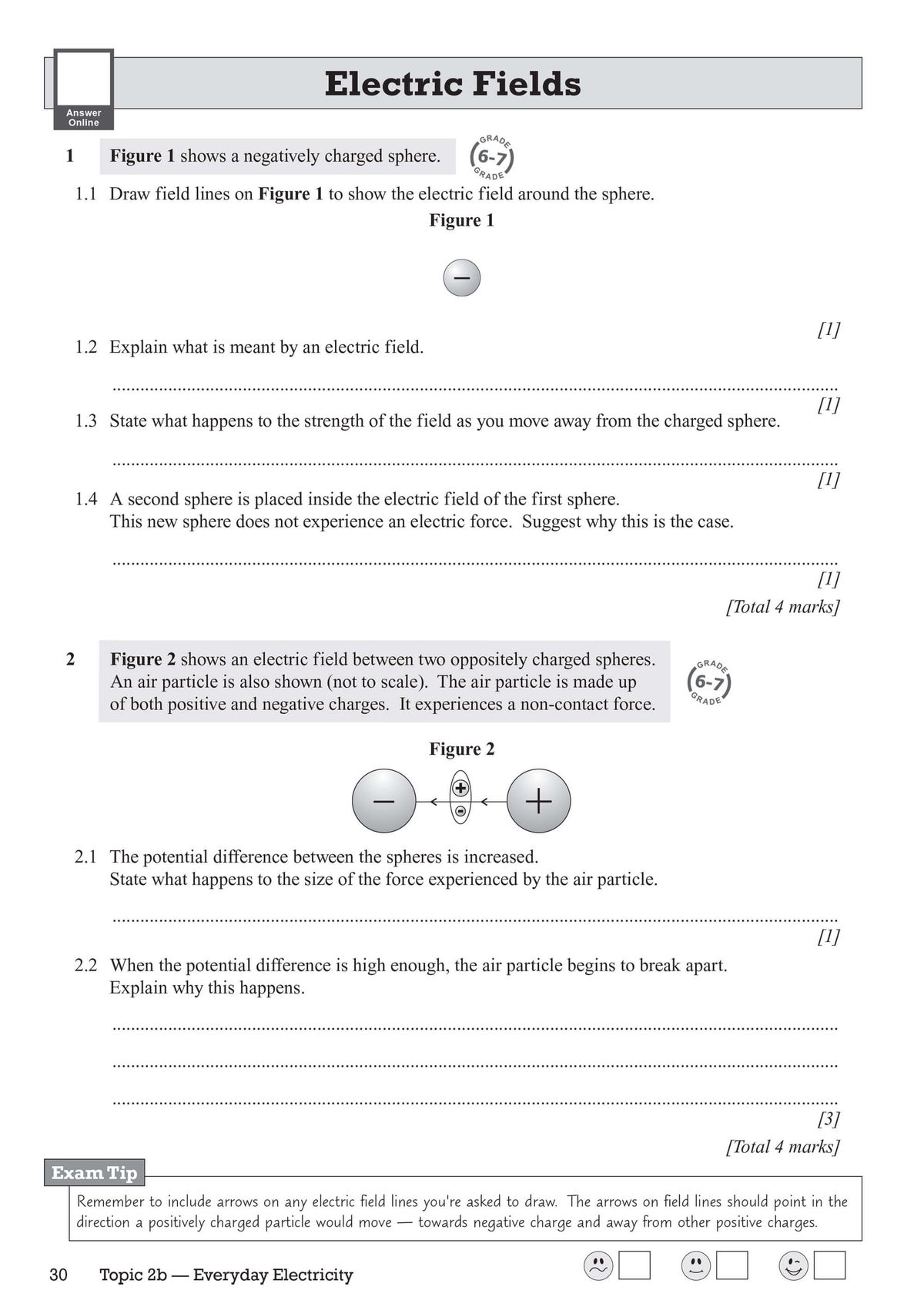 Sample page on electric fields showing diagrams of charged spheres and structured answer space