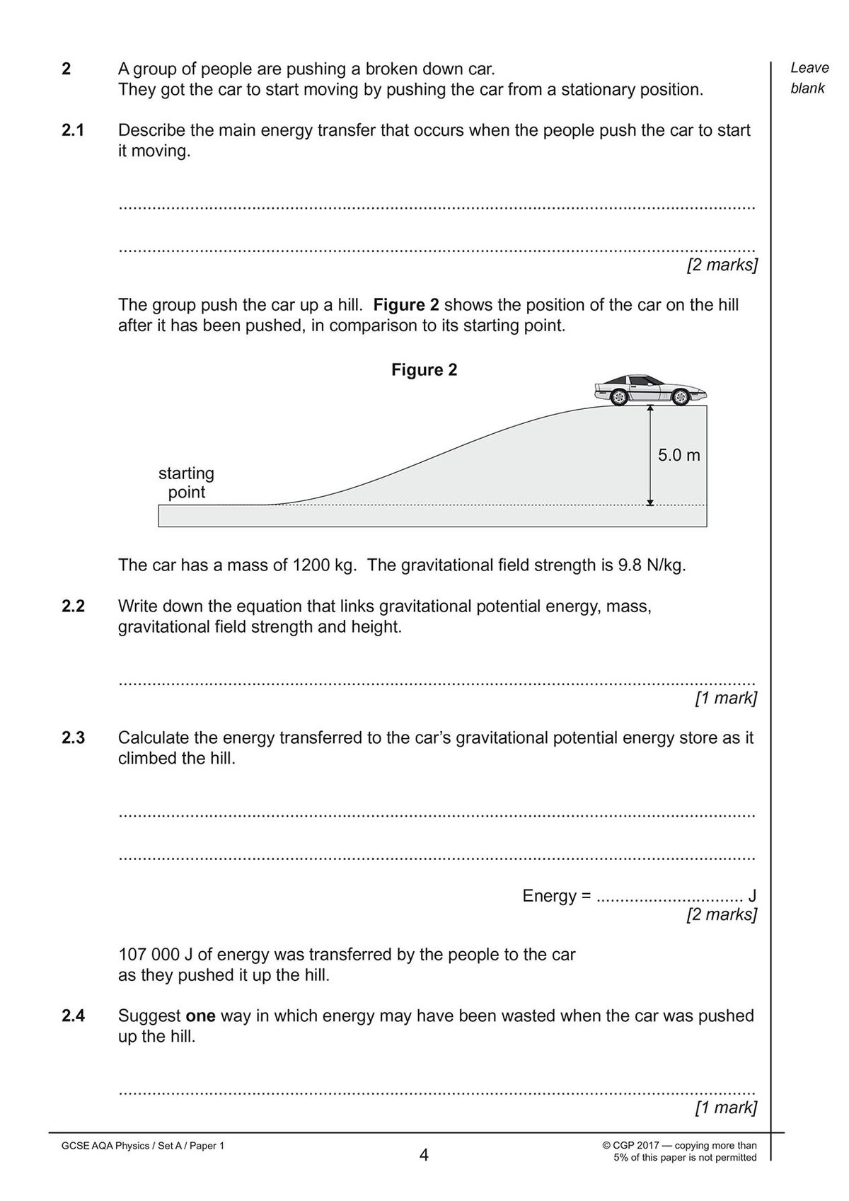 Sample exam question on energy transfer and gravitational potential energy