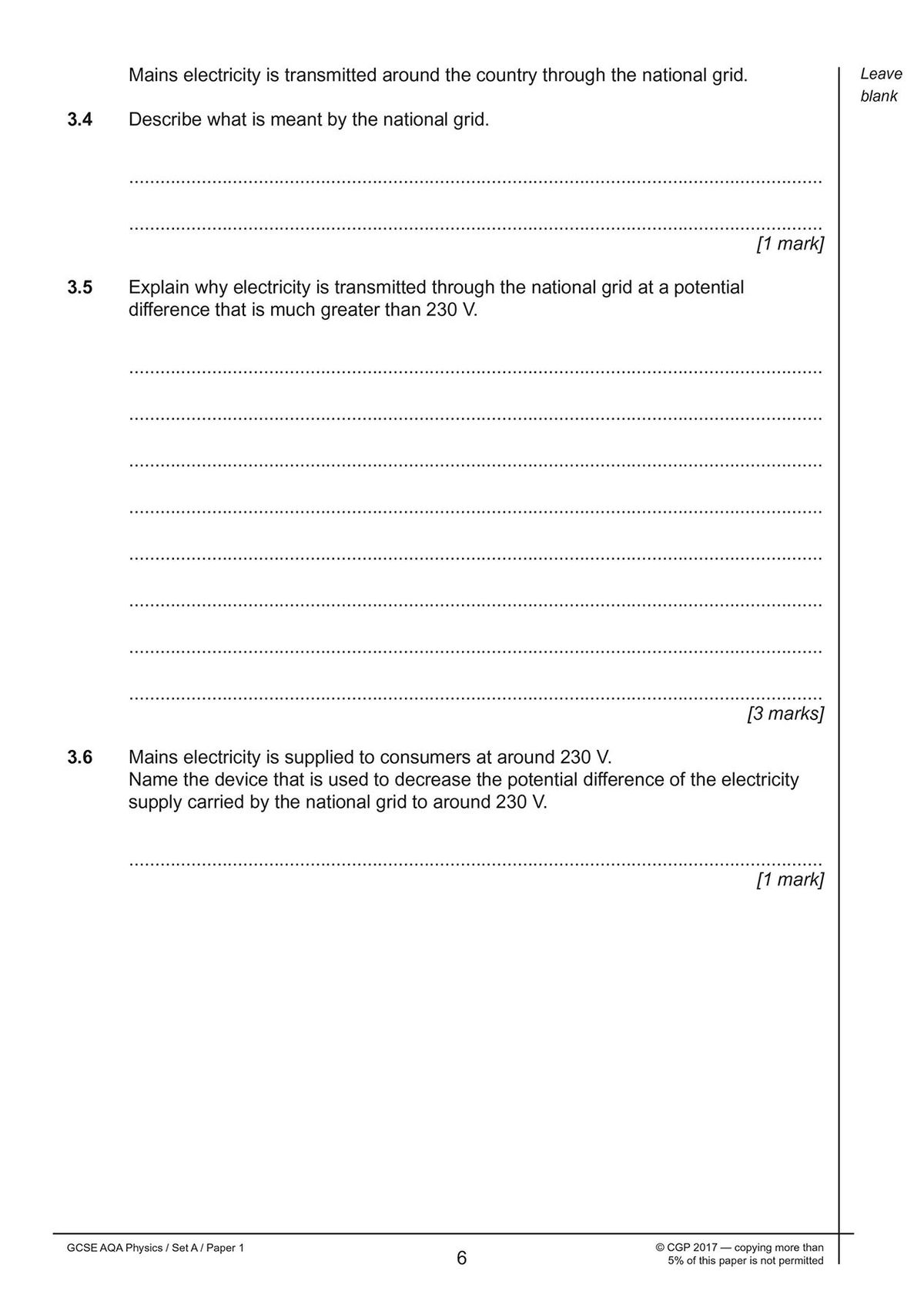 Exam question on the national grid and electricity transmission