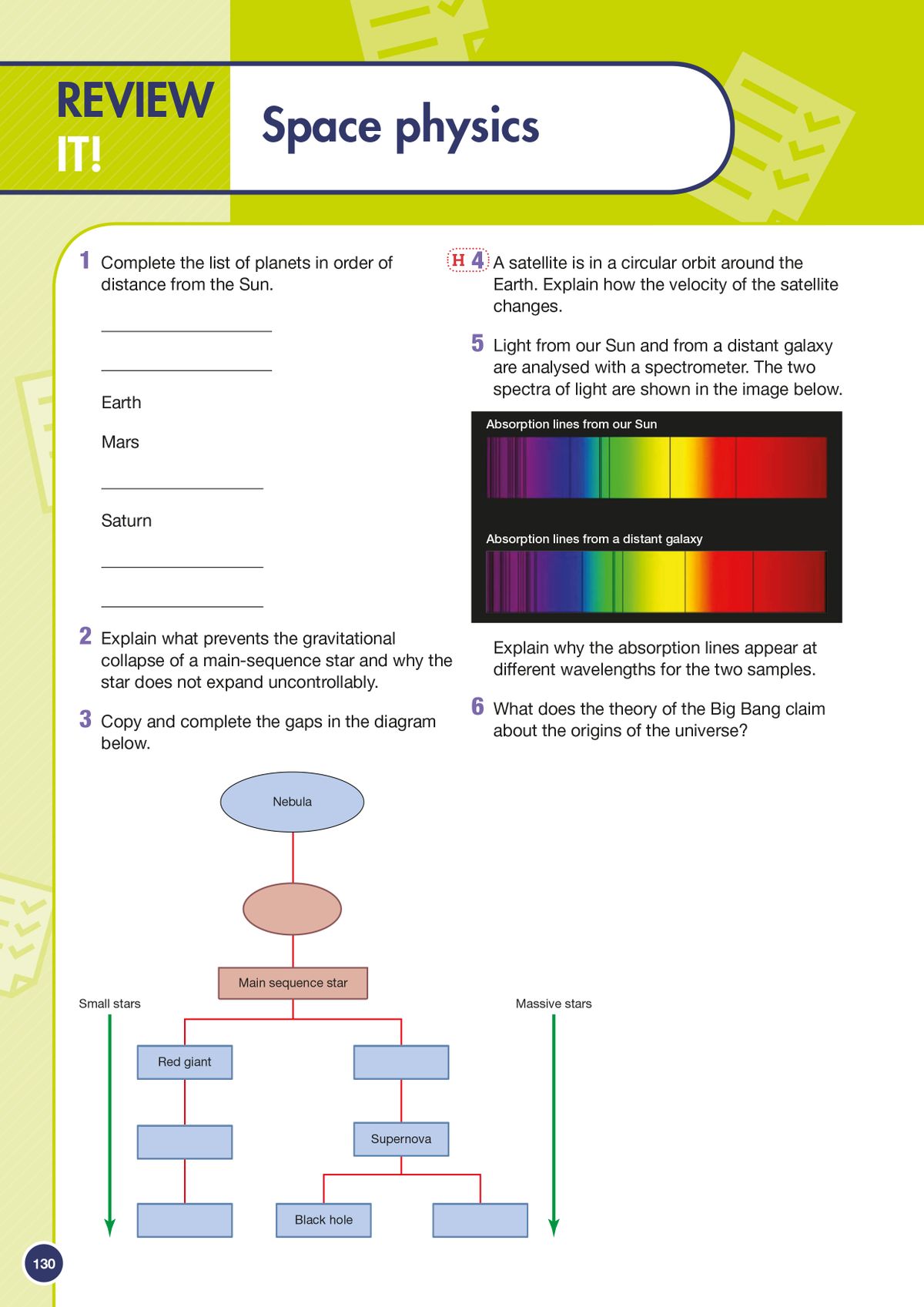 Review questions on space physics topics including planetary order and the Big Bang theory