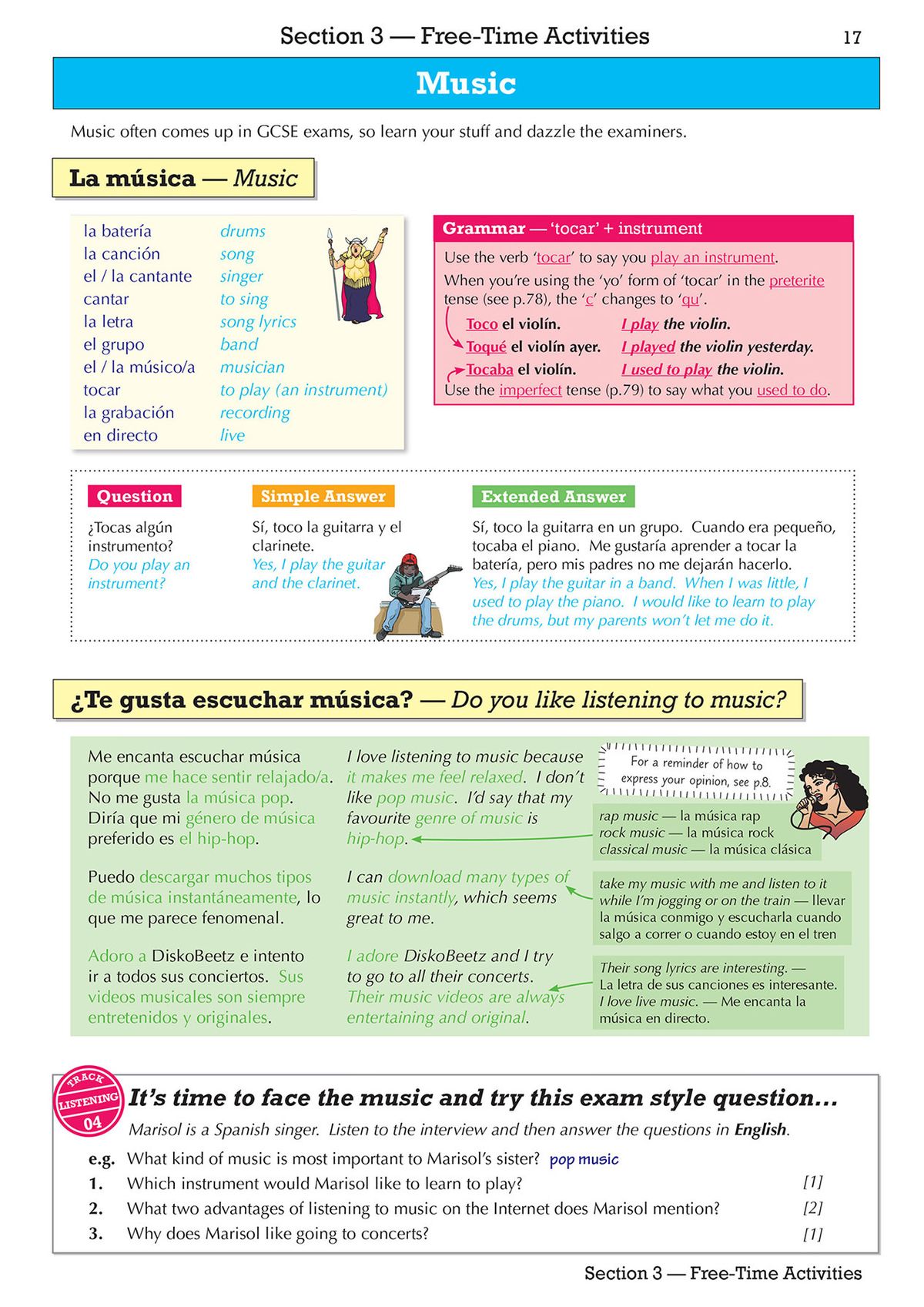 TV topic page with questions, answers and grammar explanations in English and Spanish