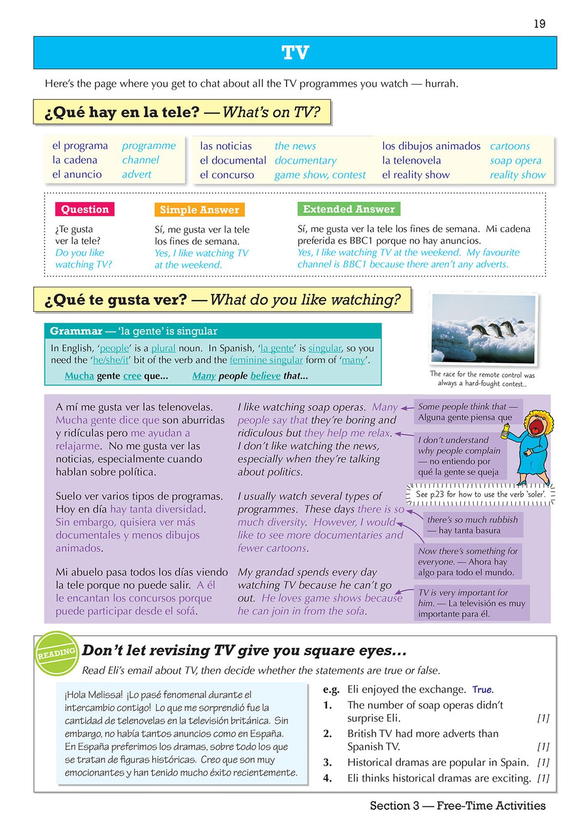 Inside pages showing Music topic with vocabulary, grammar notes and exam-style practice questions