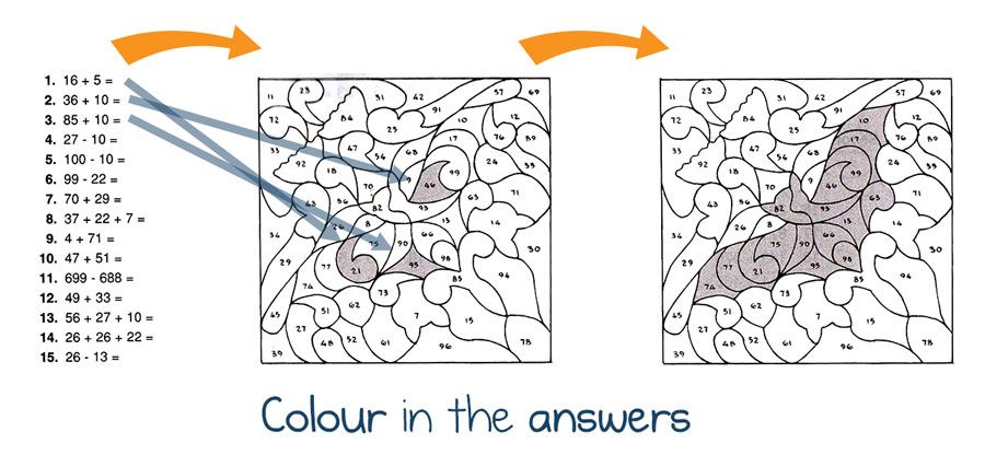 Sample puzzle page showing a list of sums and two versions of a hidden picture