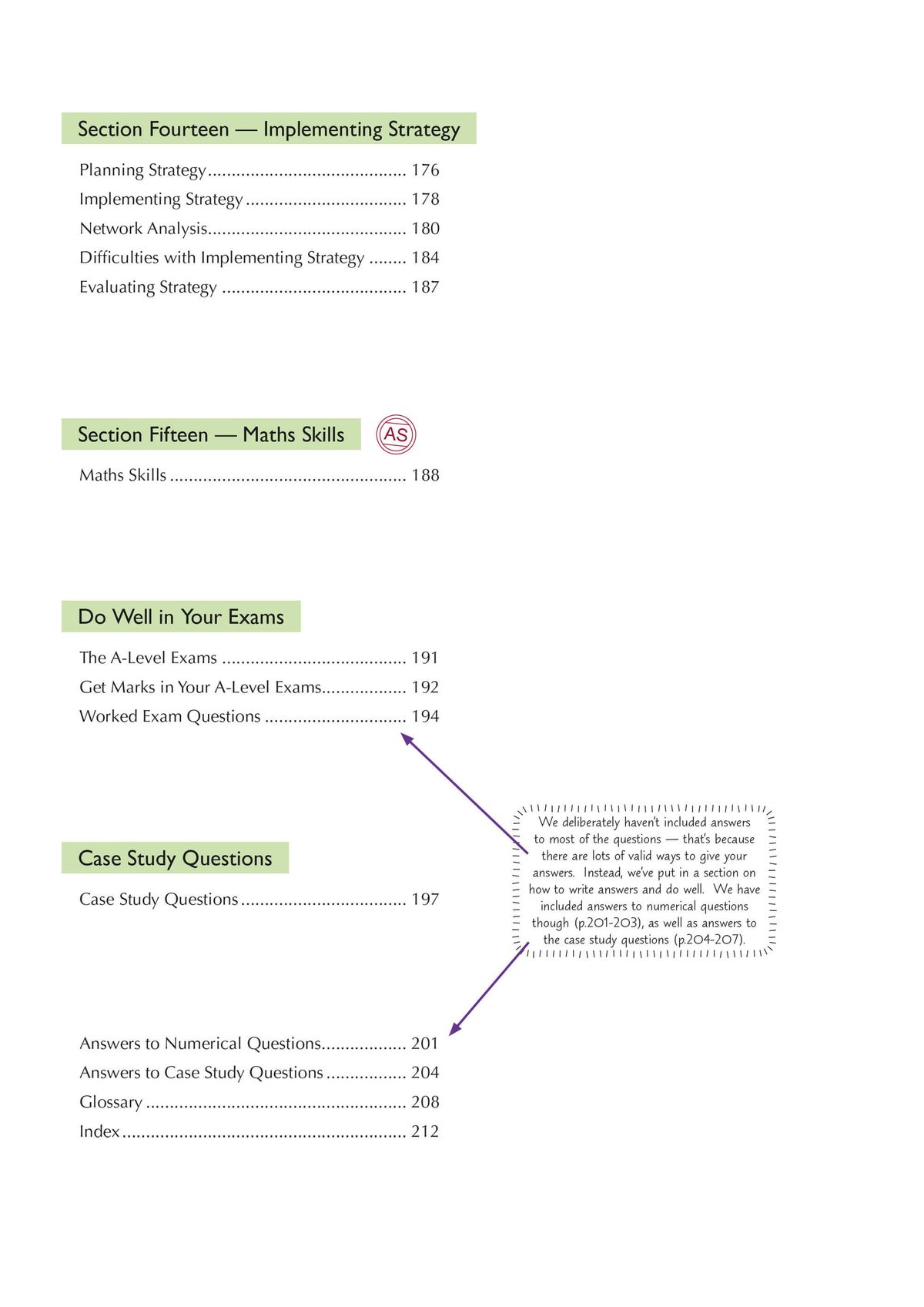 Sample contents page showing case study questions, worked examples, and answers section