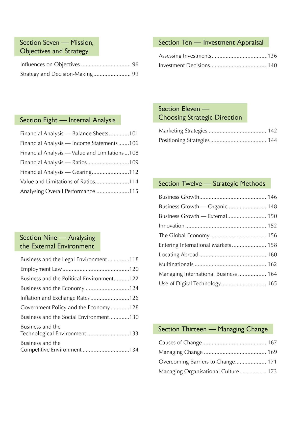 Contents page showing the comprehensive topic coverage including strategy, financial analysis, and managing change