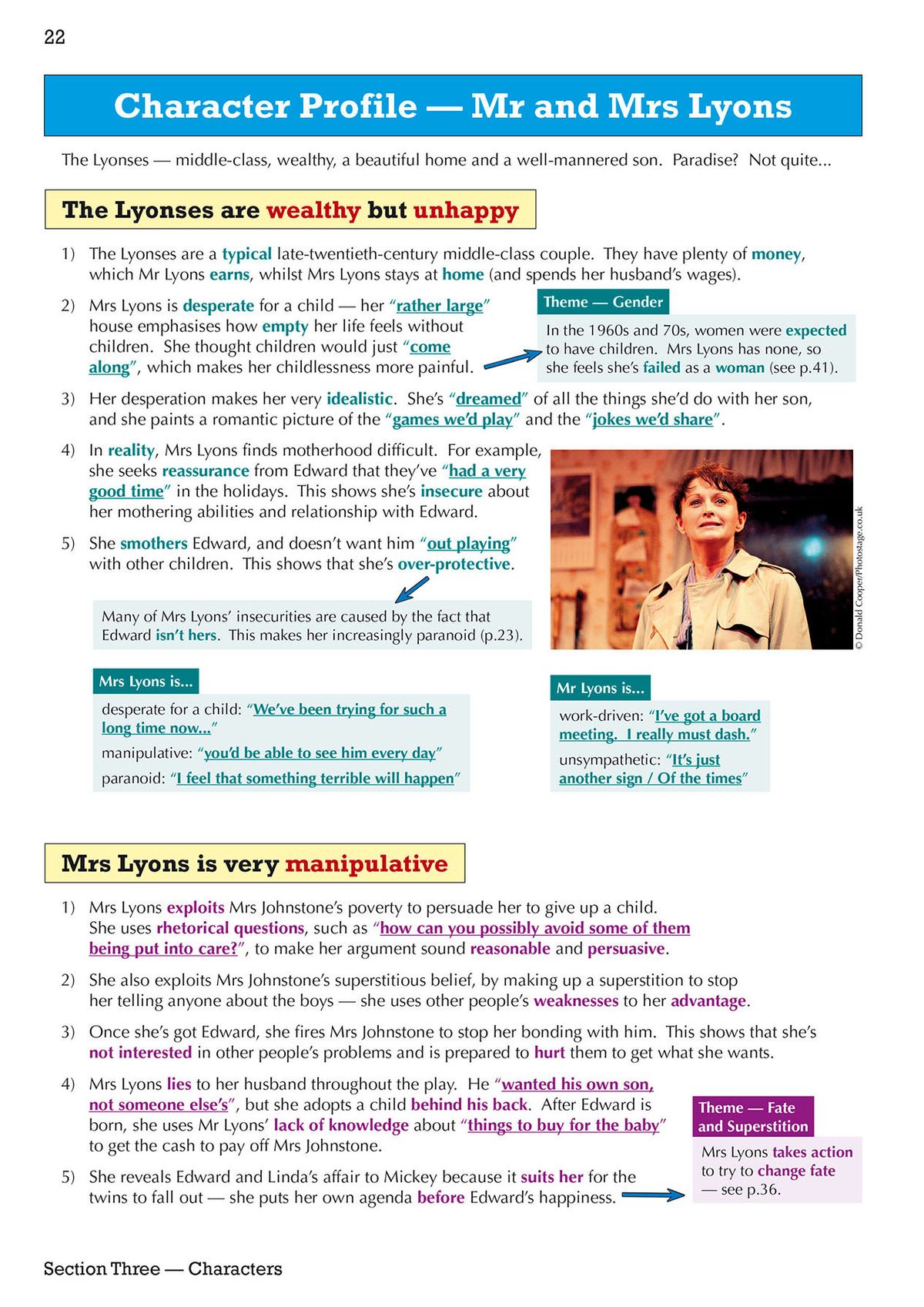 Character profile page for Mr and Mrs Lyons highlighting manipulation, wealth, and insecurity