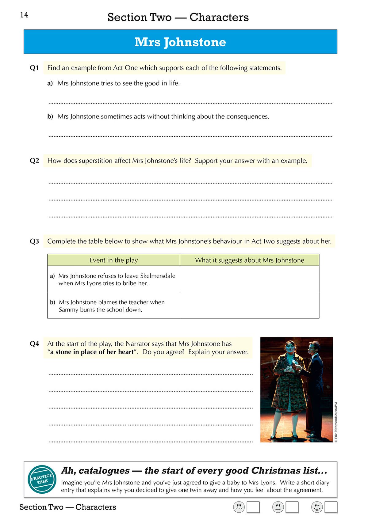 Inside page showing character analysis questions for Mrs Johnstone