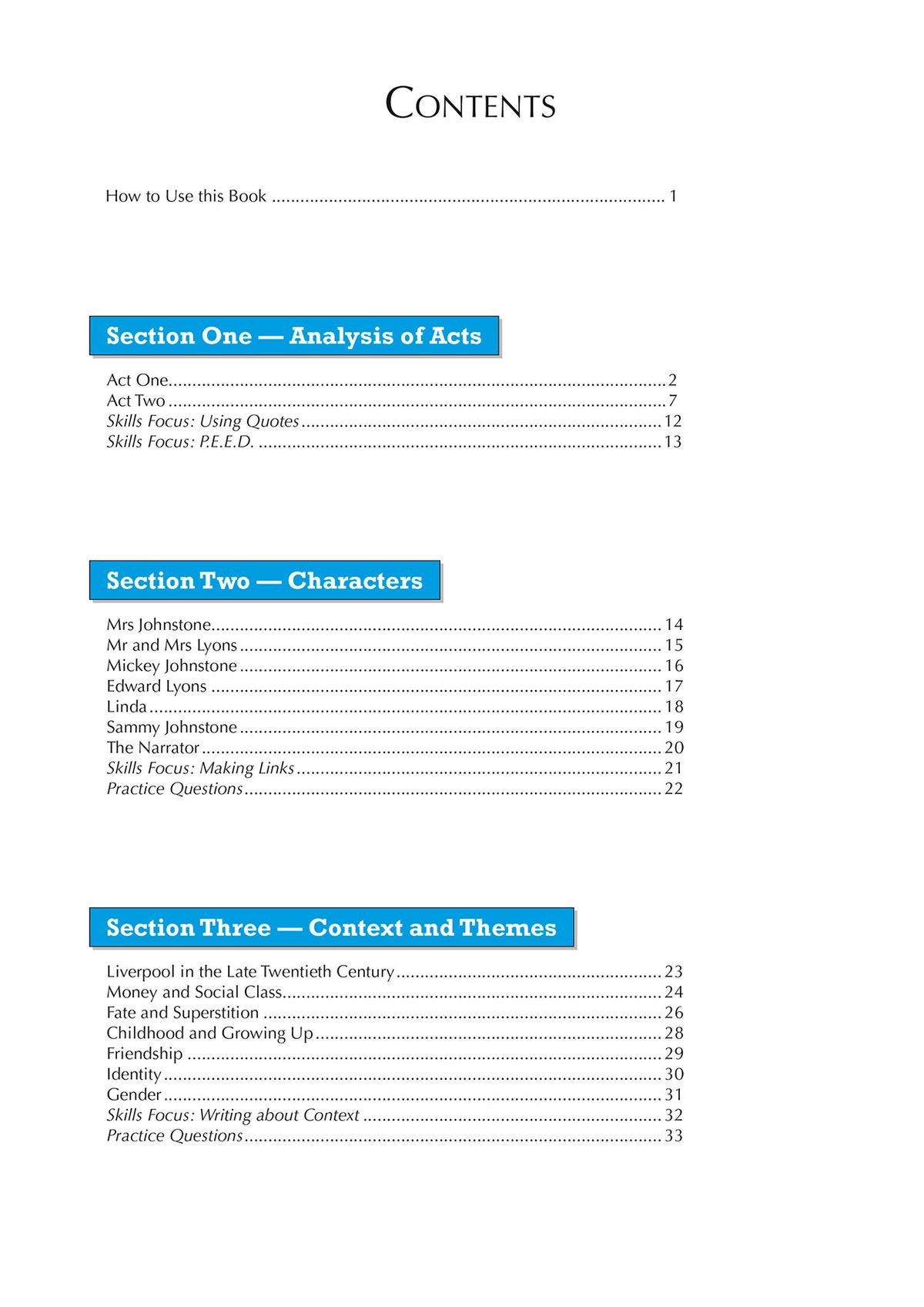 Blood Brothers Workbook page showing character analysis of Mrs Johnstone with exam techniques highlighted