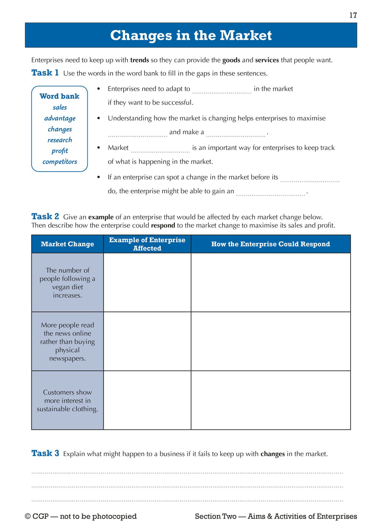 Inside page on market changes with word banks and response tables