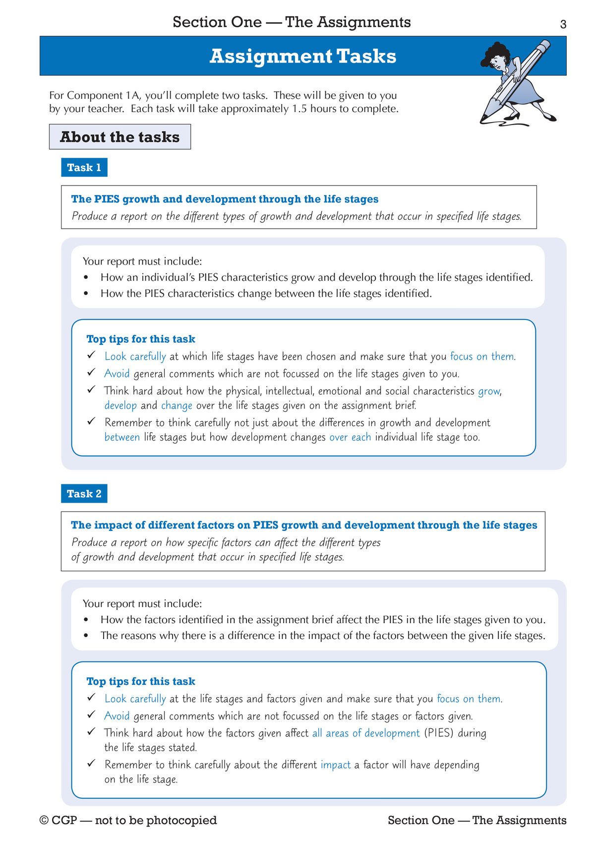 Sample page showing assignment tasks for Component 1A with top tips and mark band guidance