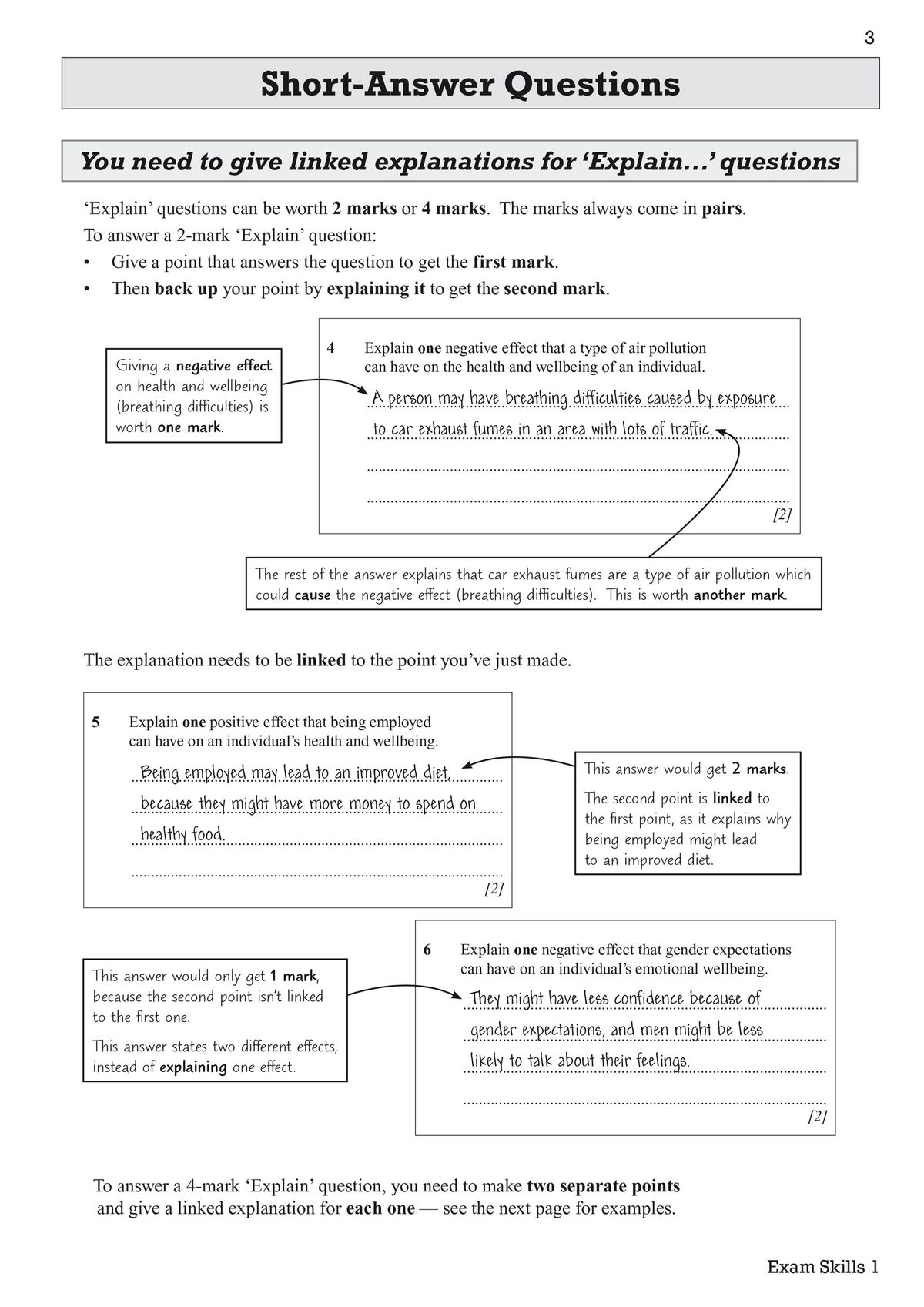 Inside page showing short-answer question guidance with worked examples and mark annotations