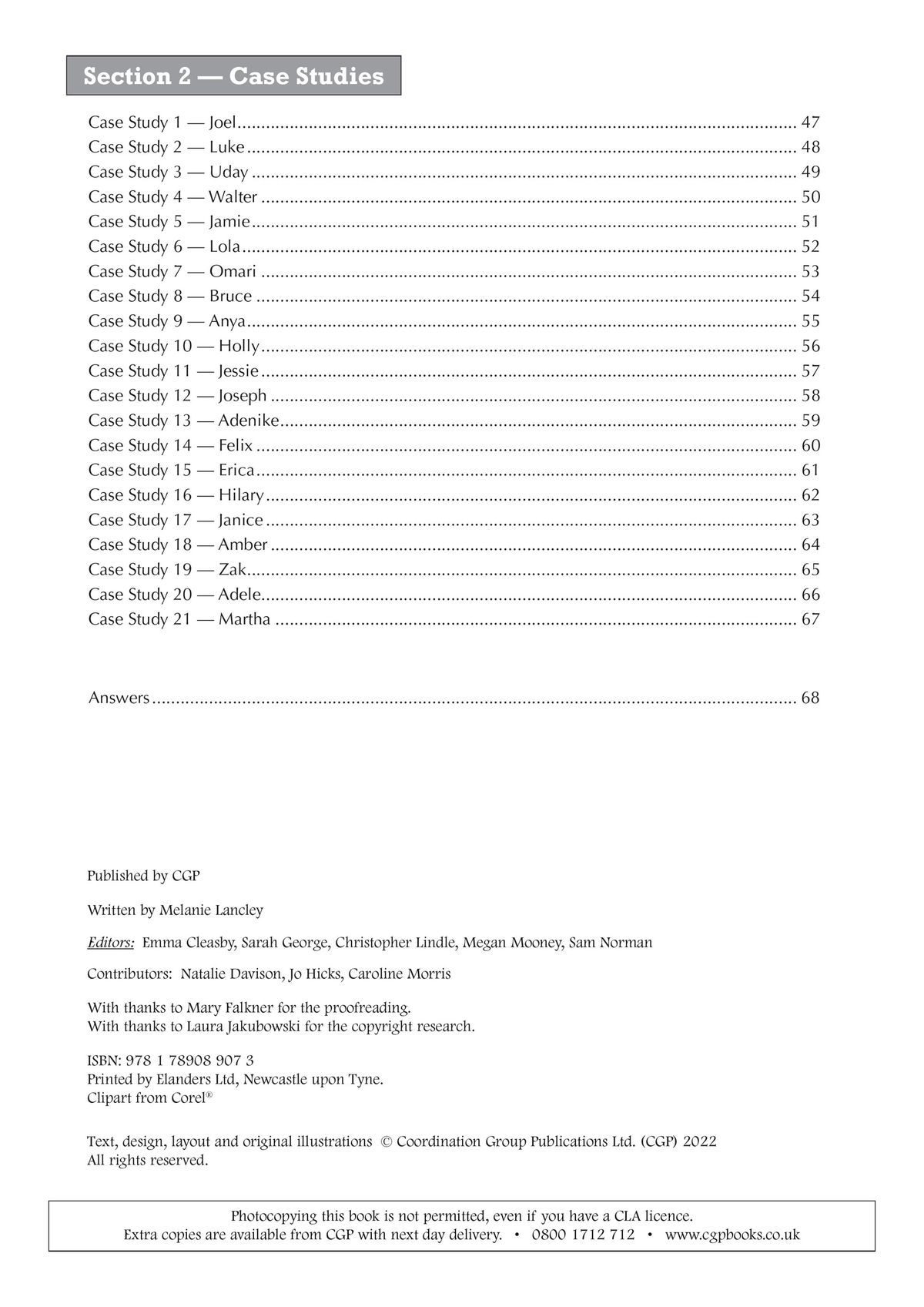 Contents page listing 21 case study scenarios with full answers provided