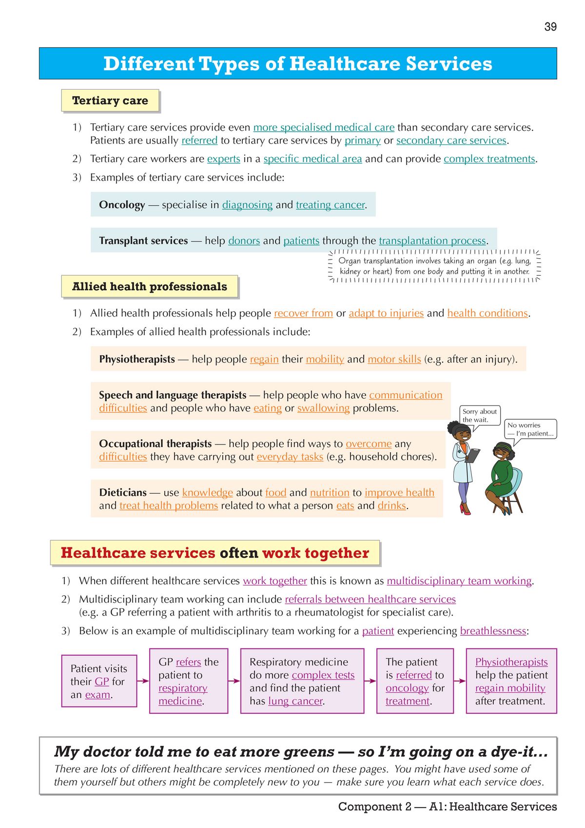 Inside pages showing different types of healthcare services with colour-coded sections and definitions
