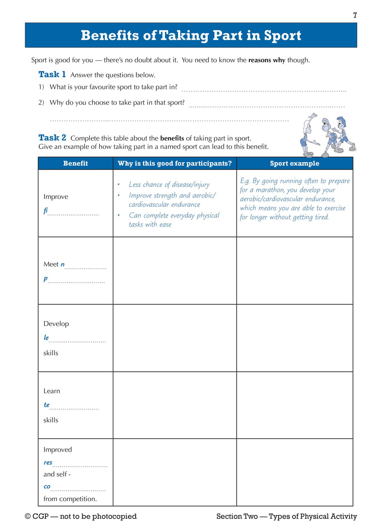 Inside pages showing a task table on benefits of taking part in sport with fill-in spaces and worked examples