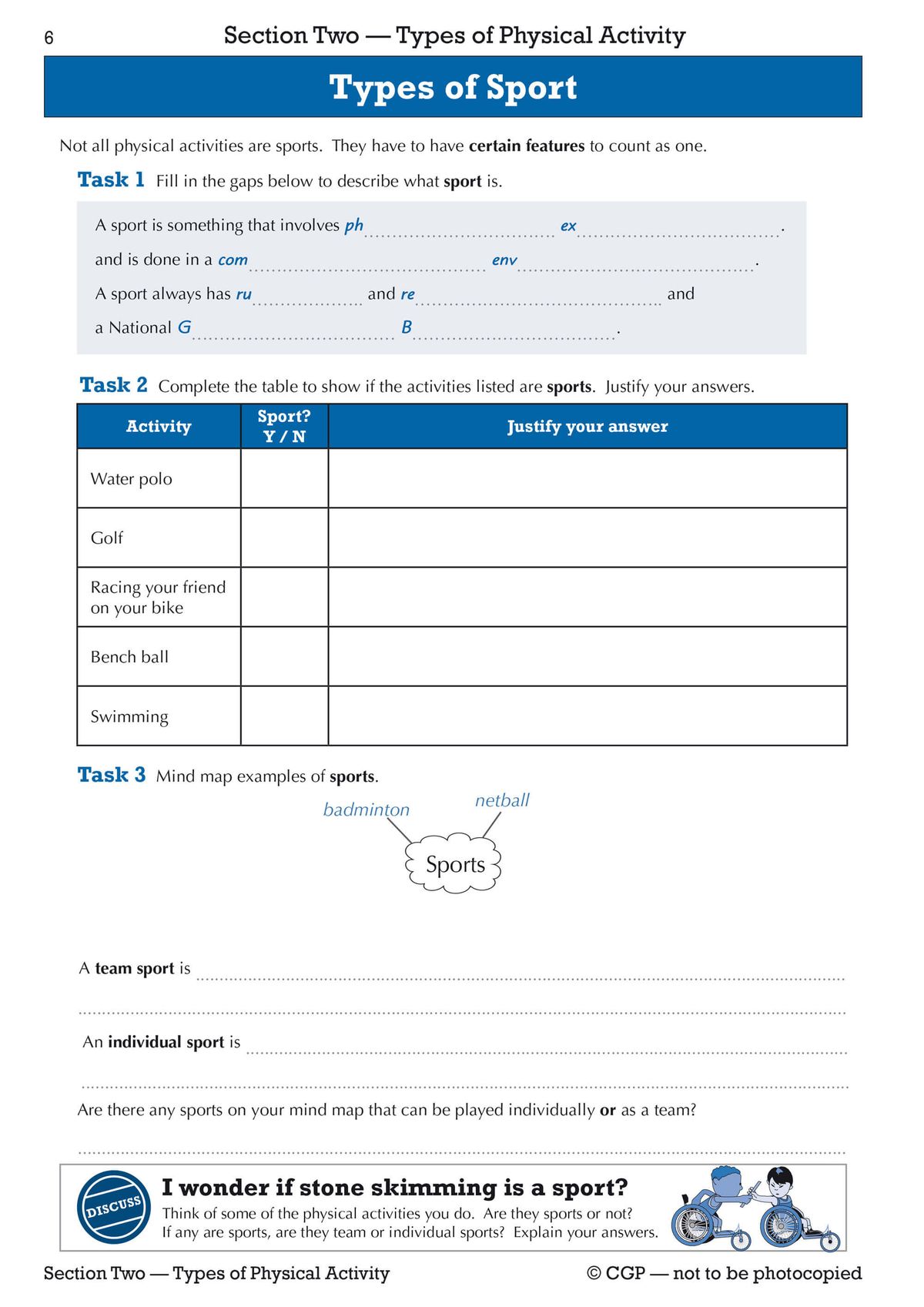 Page showing types of sport with fill-in definitions, activity classification table and mind-mapping task