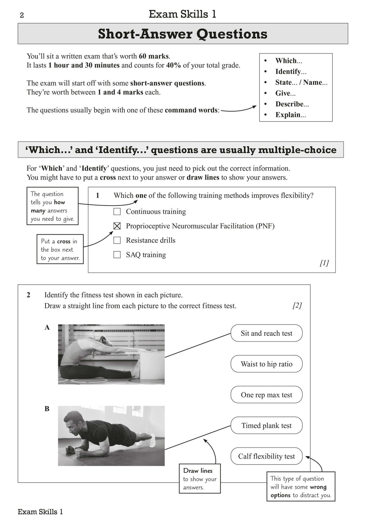 Example page showing short-answer question guidance and command words for BTEC Sport exam
