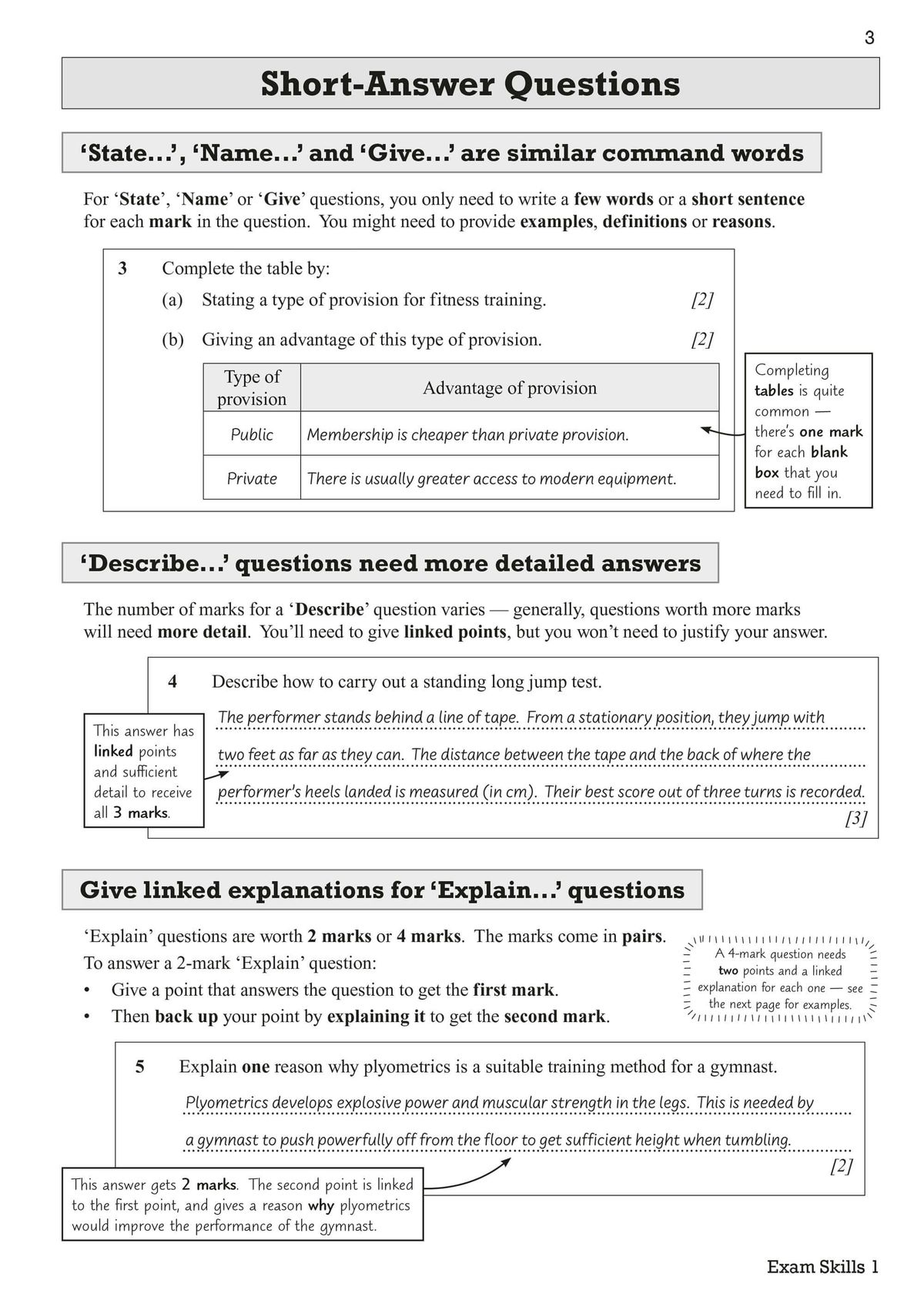 Sample page demonstrating extended-answer technique with linked points and marking annotations