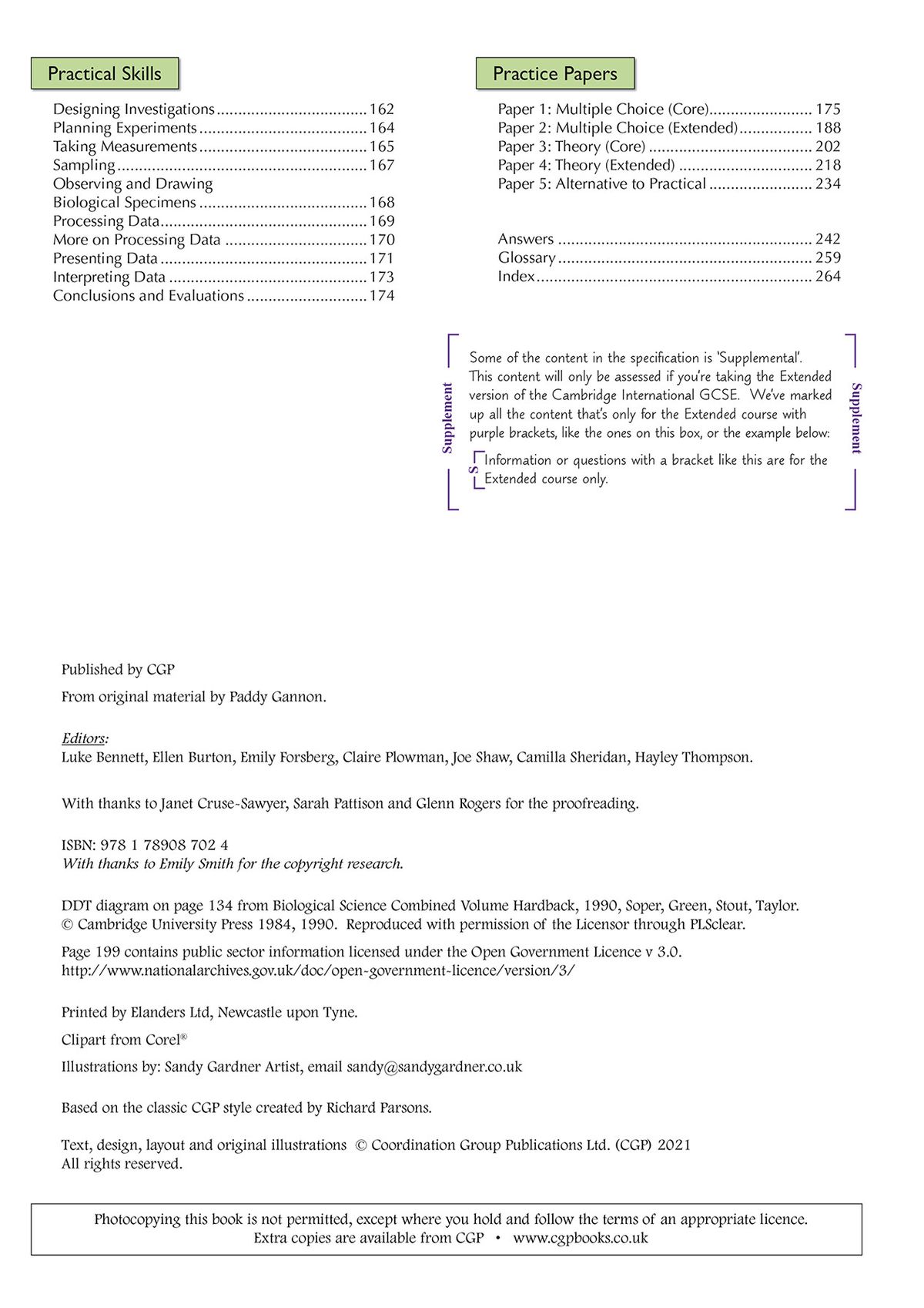 Contents page showing practical skills section and practice papers with colour-coded supplemental content markers
