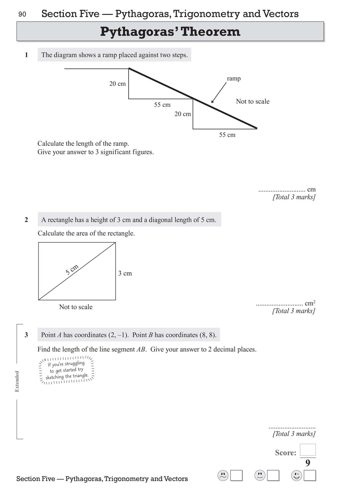 Sample exam questions on Pythagoras' Theorem including a ramp diagram and coordinate geometry