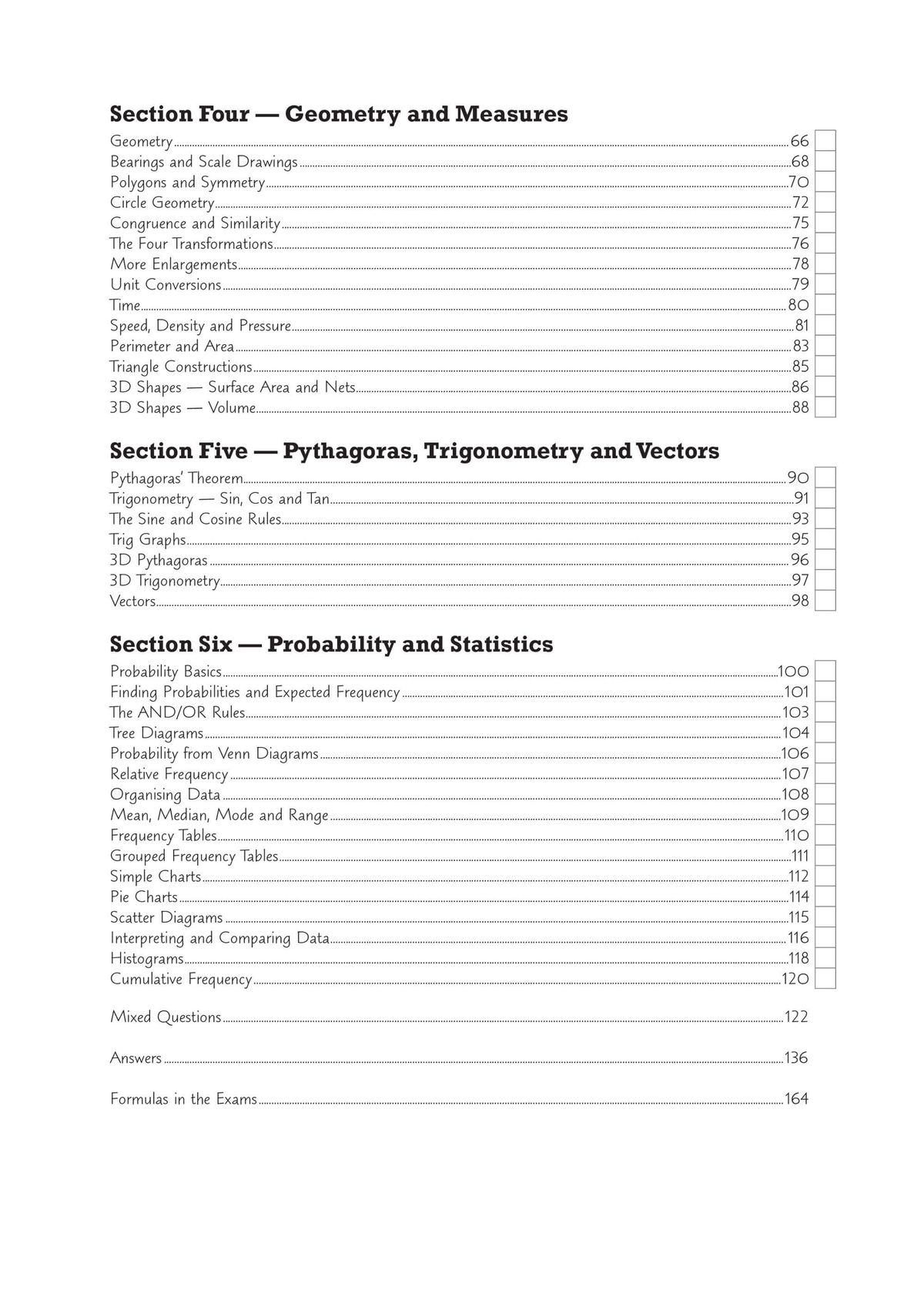 Contents page showing sections on Geometry and Measures, Pythagoras, Trigonometry and Vectors, and Probability and Statistics