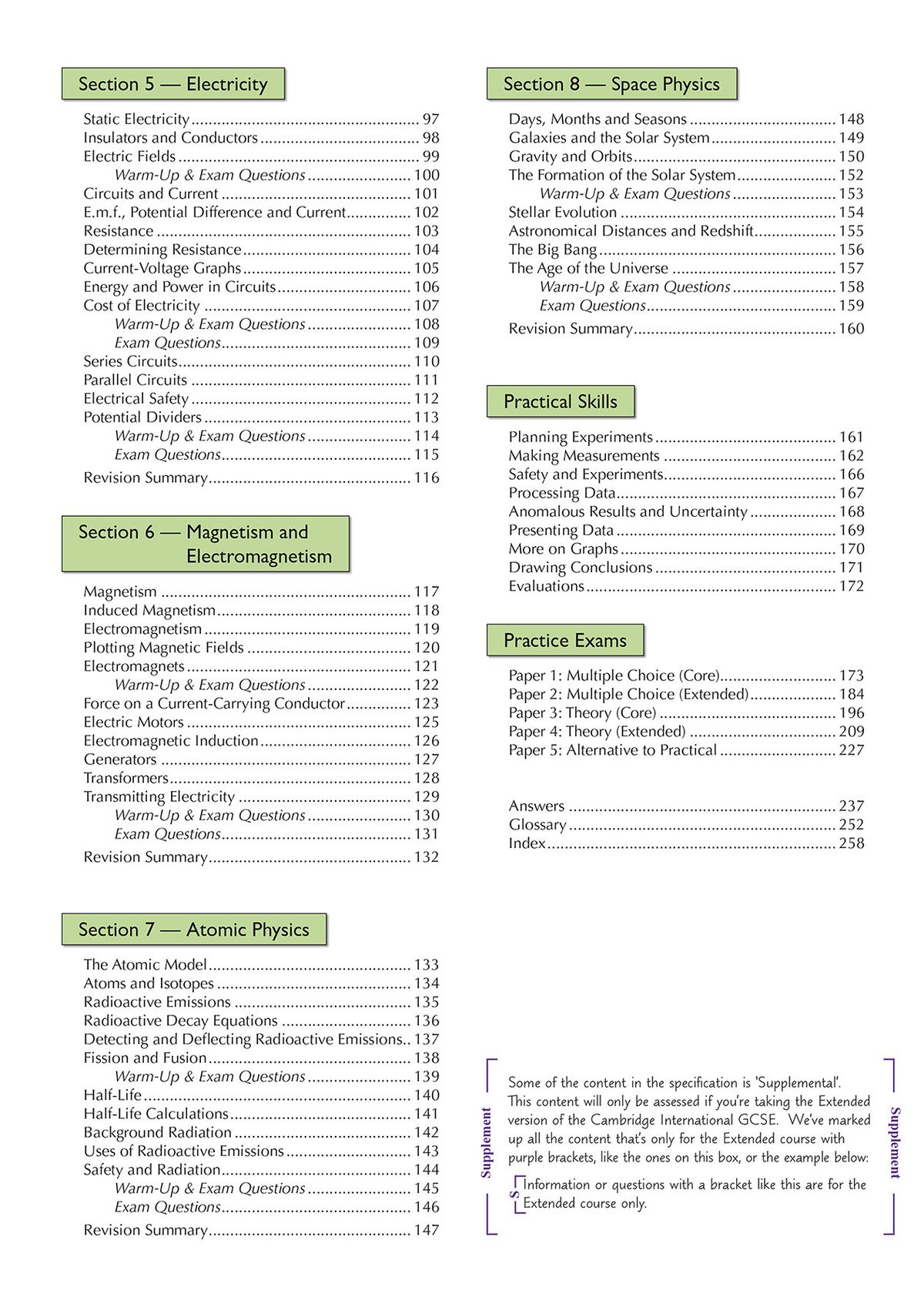Contents page showing sections covering electricity, magnetism, atomic physics and space physics