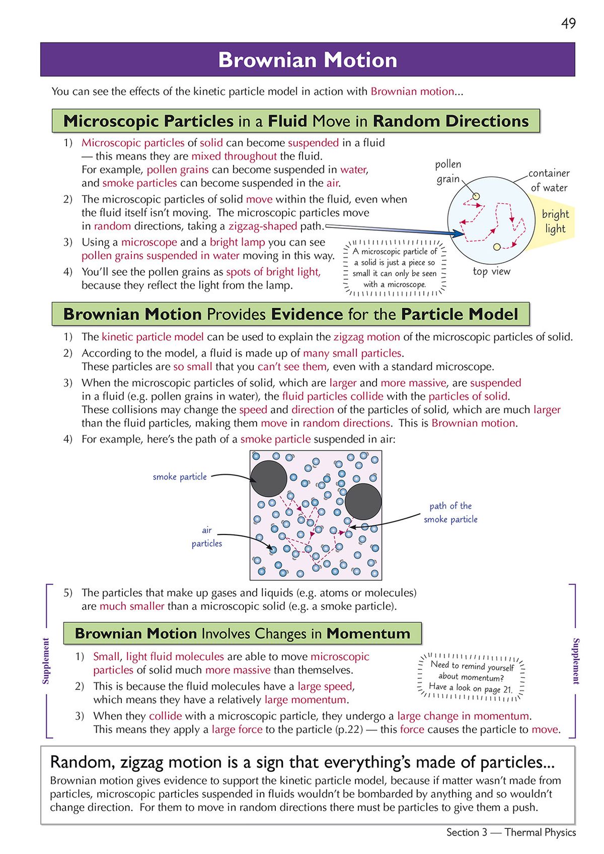 Page explaining Brownian motion with diagrams showing particle movement in fluids