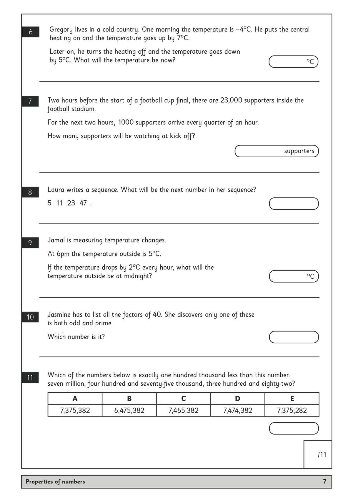Sample page showing mixed problem-solving questions including temperature changes and number sequences