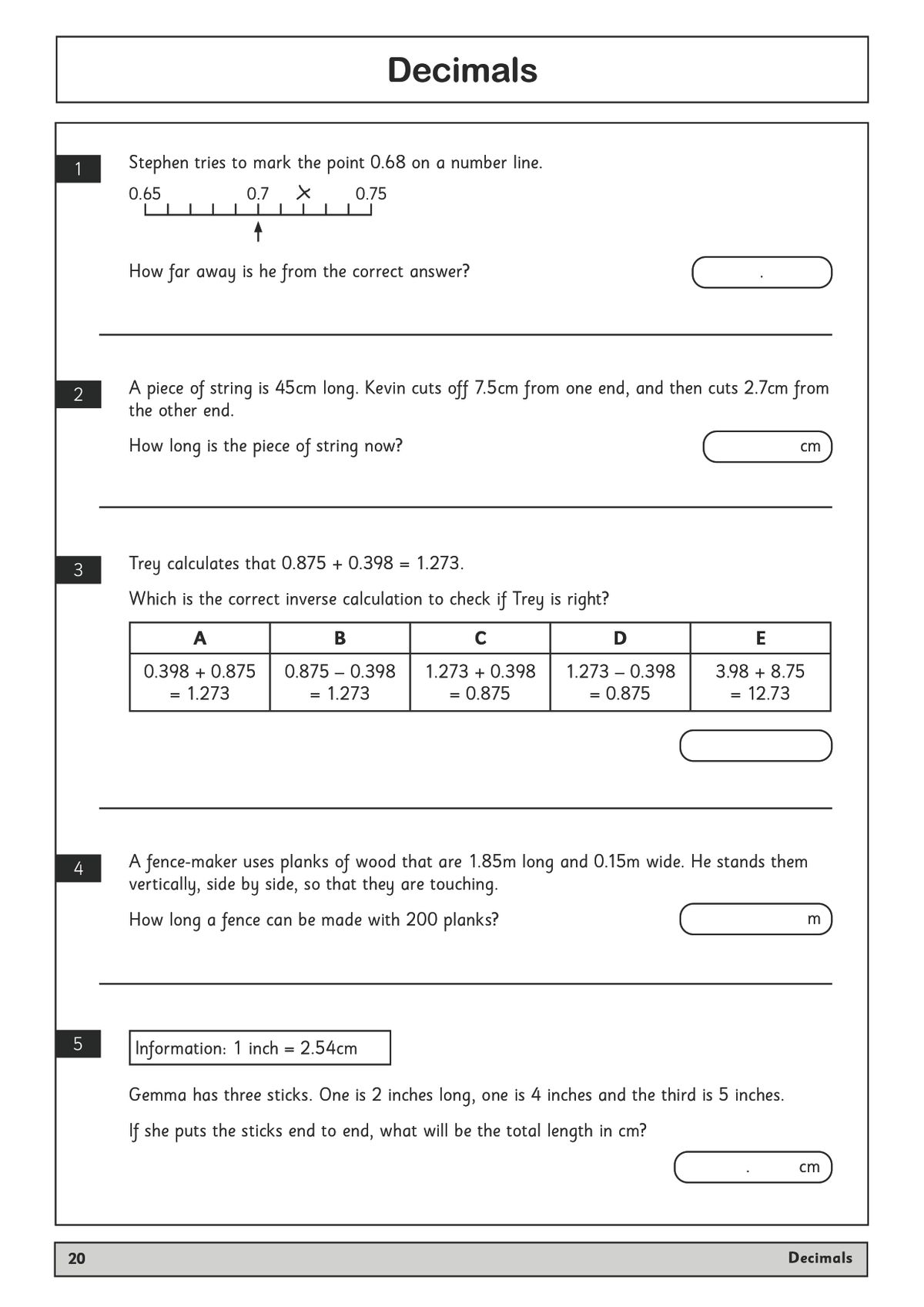 Practice questions on decimals including number lines, measurement, and inverse calculations
