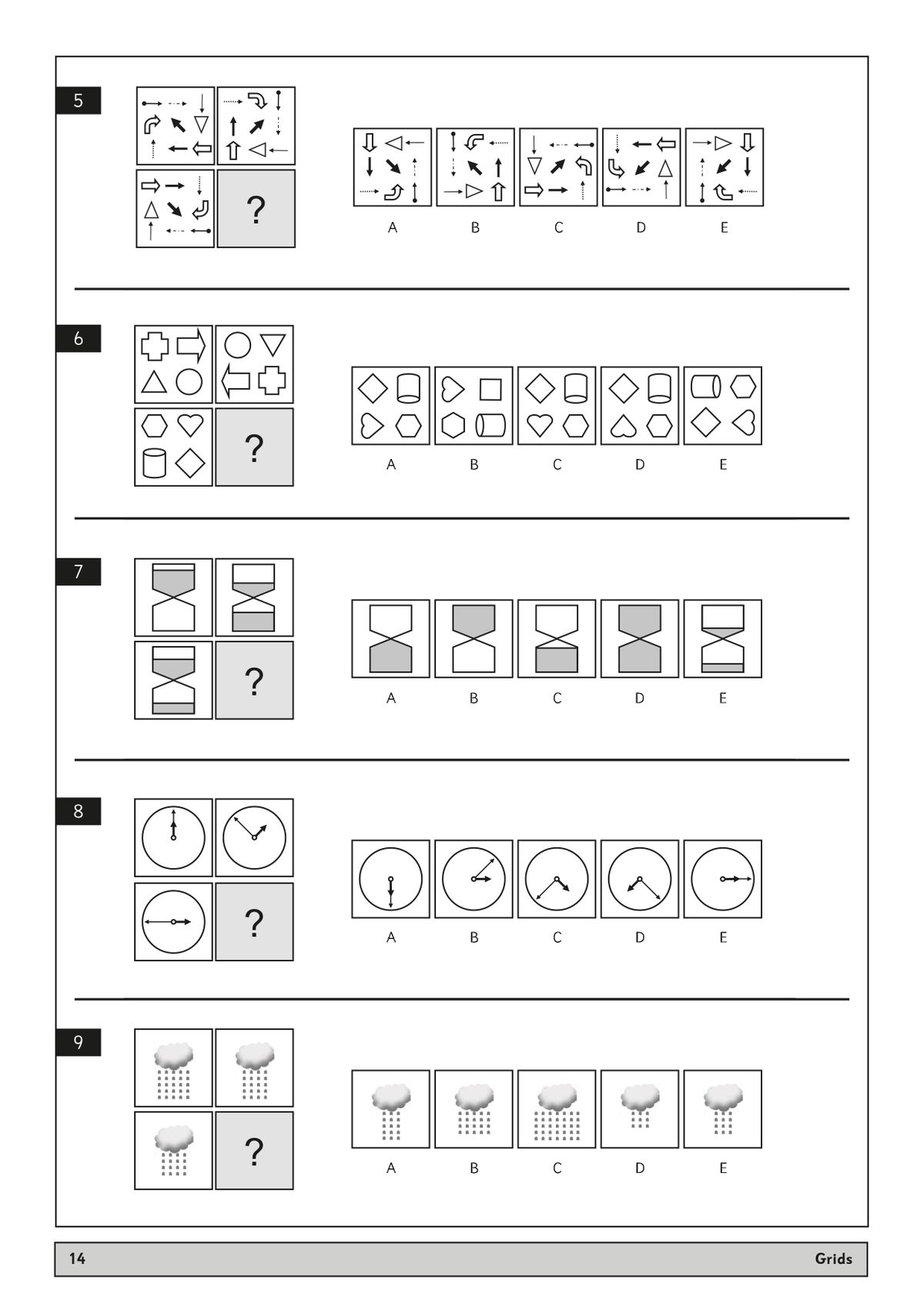 Further grids practice questions showing various pattern completion tasks